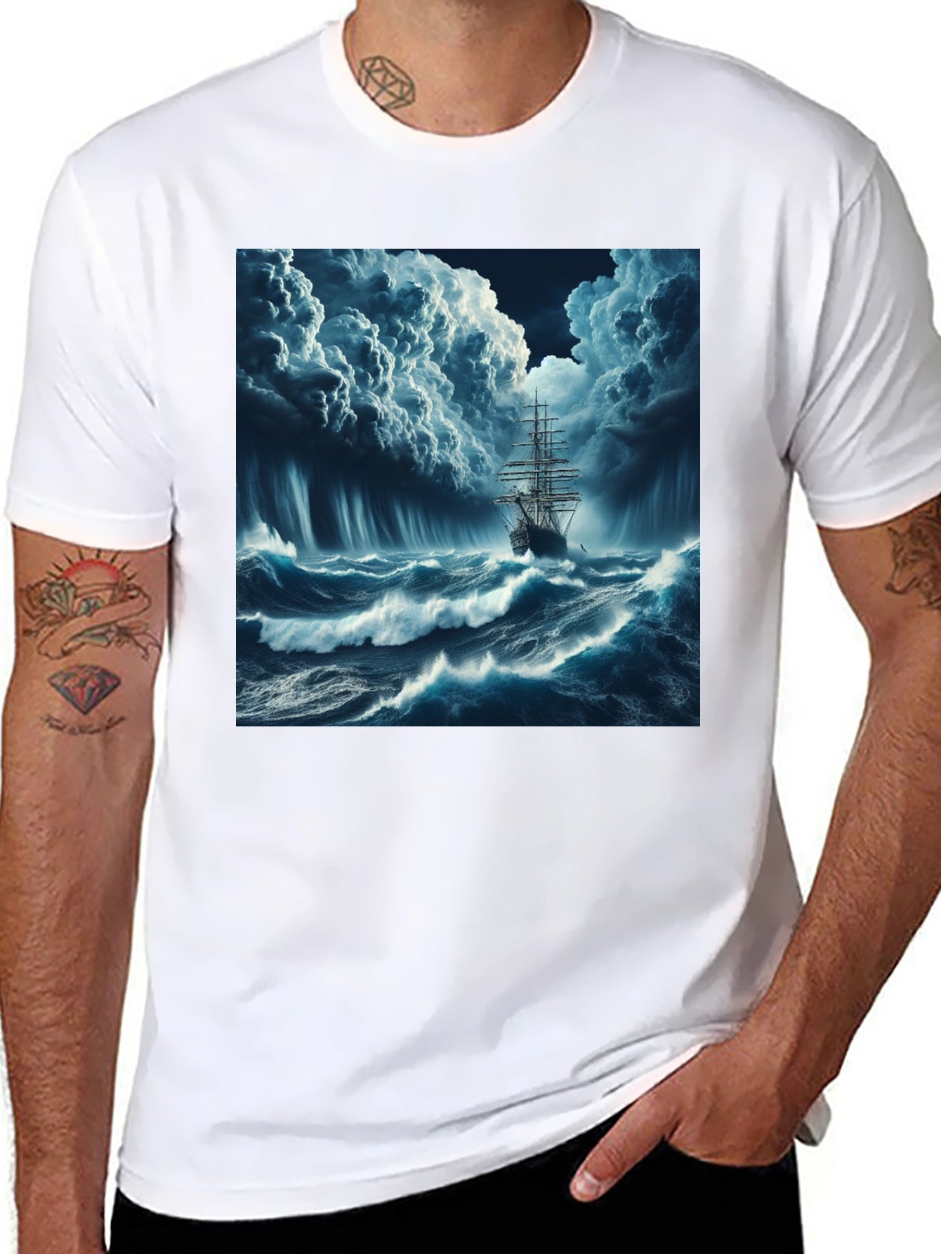 Stormy Sea Ship Graphic Tee - Black