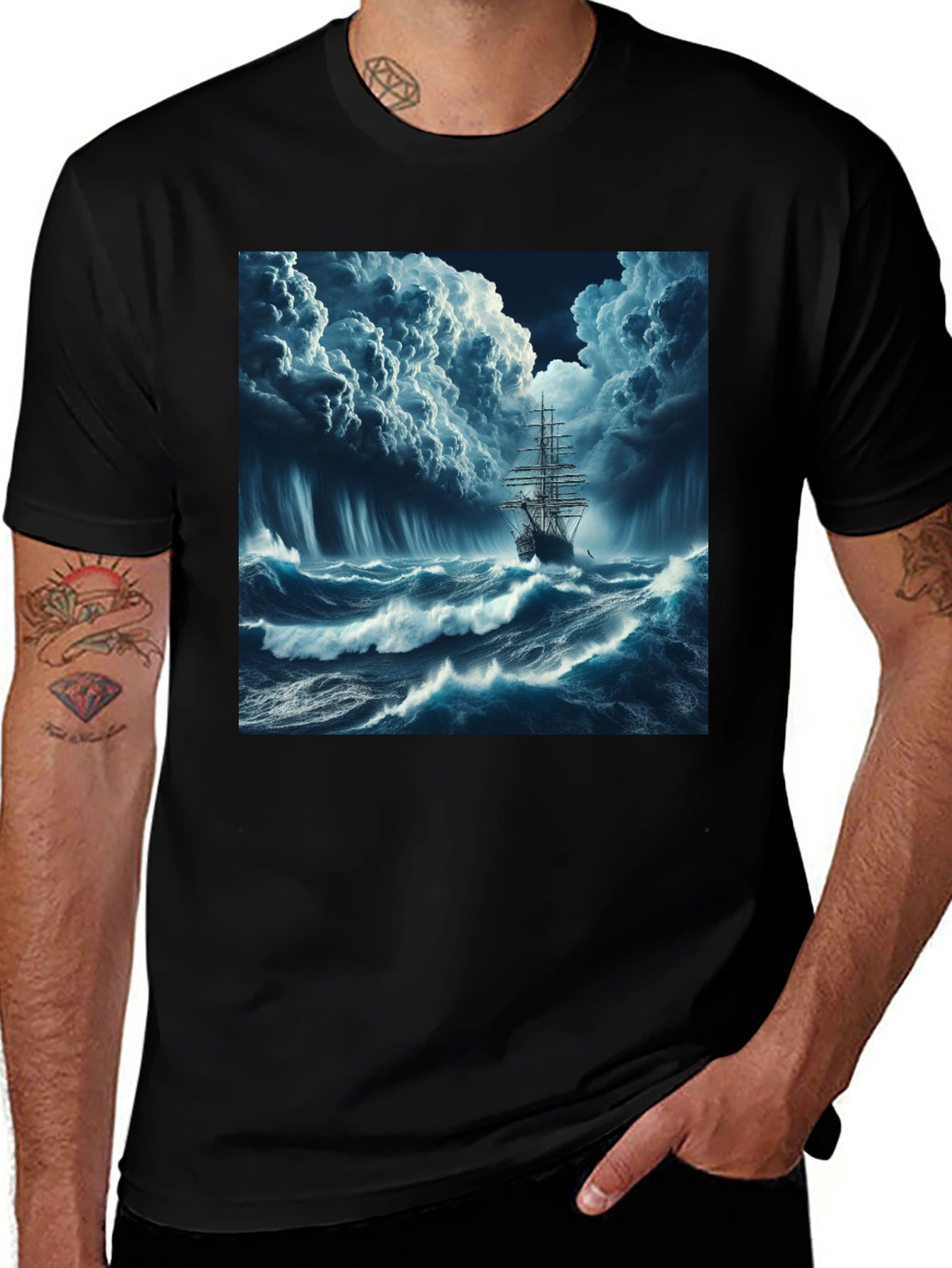 Stormy Sea Ship Graphic Tee - Black