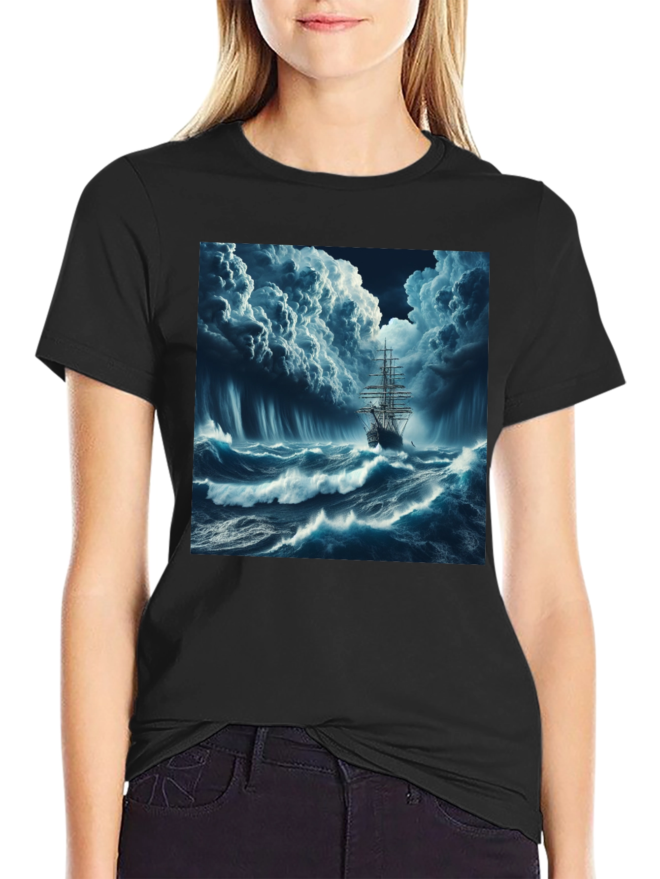 Stormy Sea Ship Graphic Tee - Black