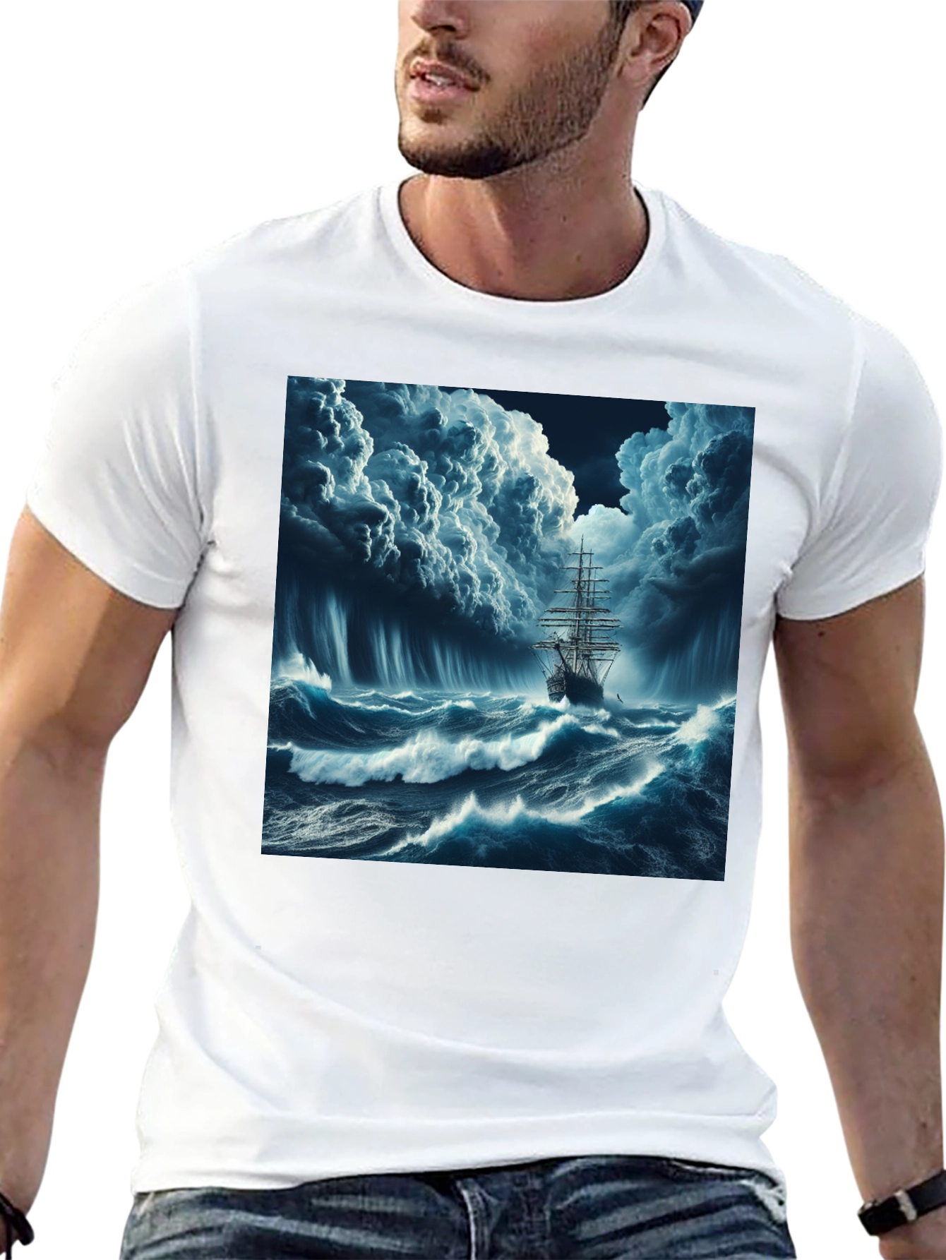 Stormy Sea Ship Graphic Tee - Black