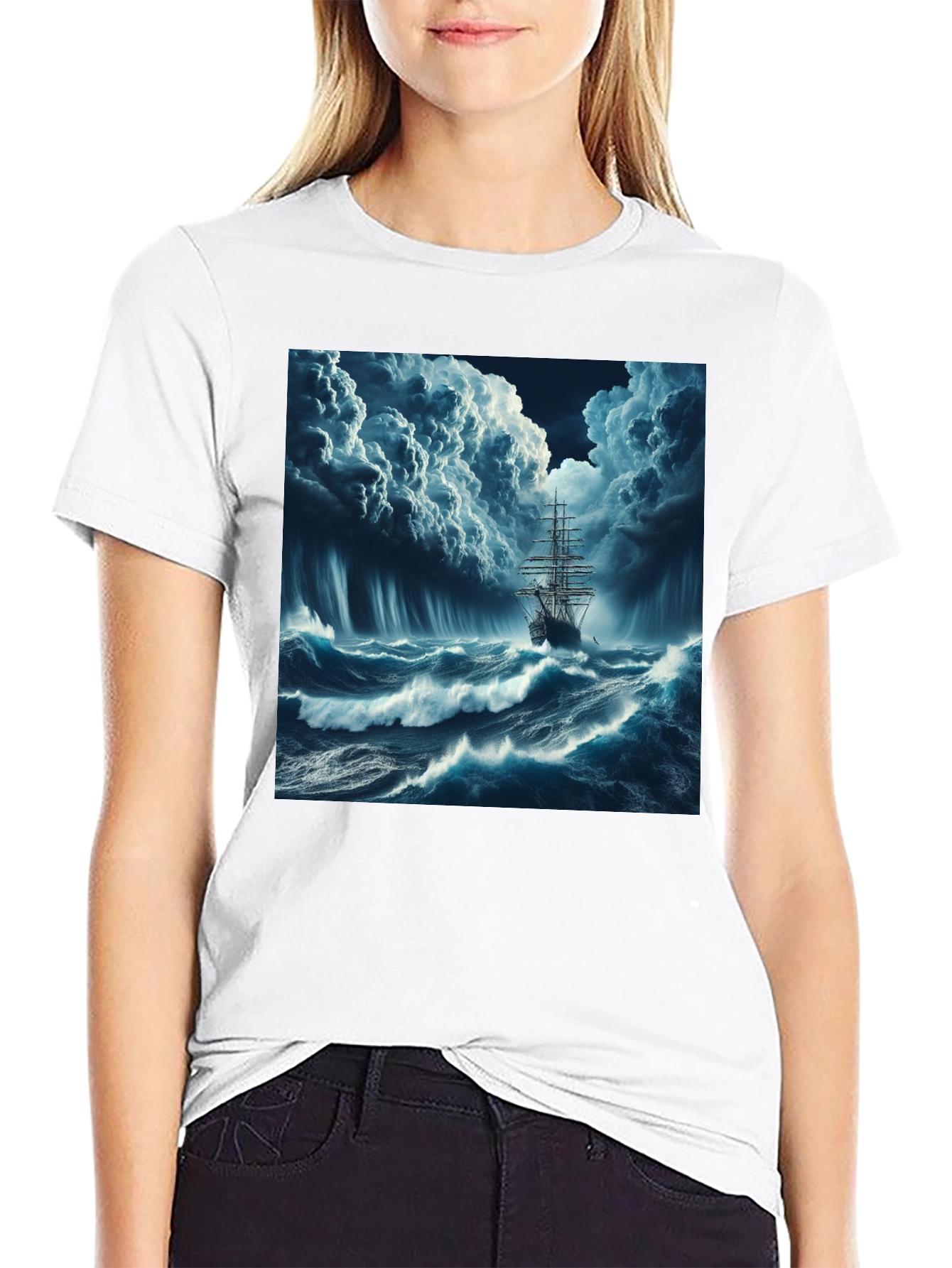 Stormy Sea Ship Graphic Tee - Black