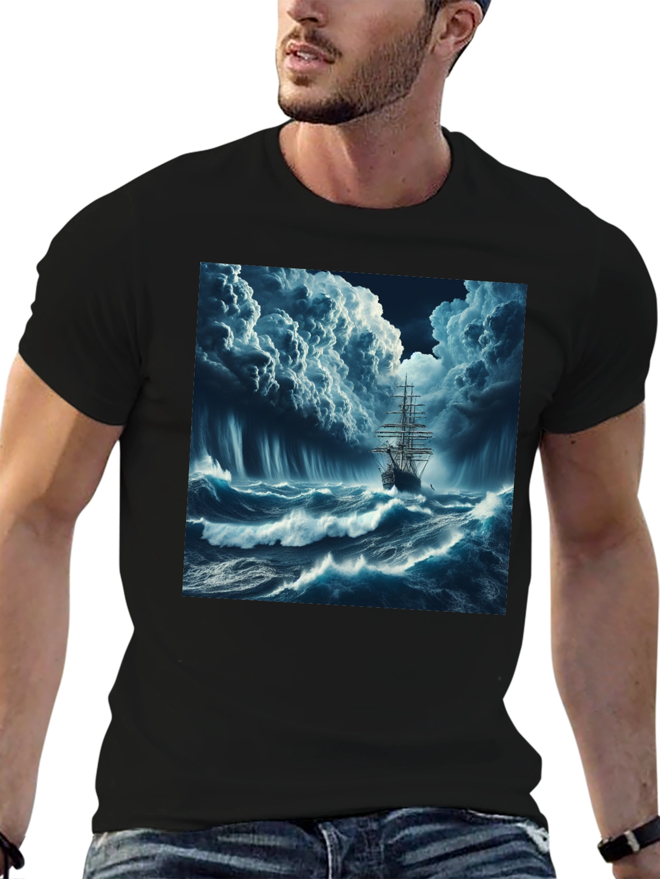 Stormy Sea Ship Graphic Tee - Black