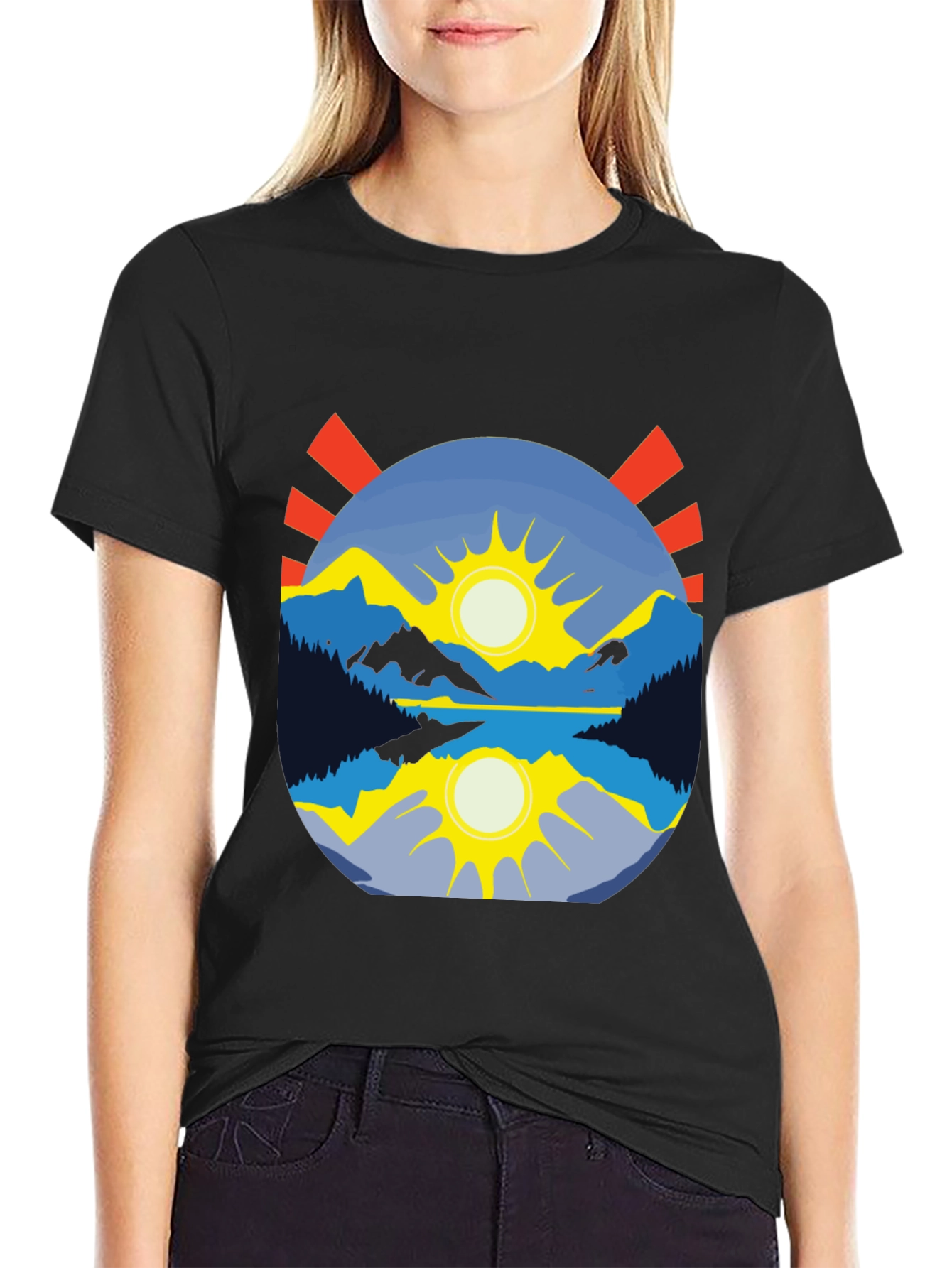 Mountain Lake Sunrise Graphic Tee - Black Cotton Blend
