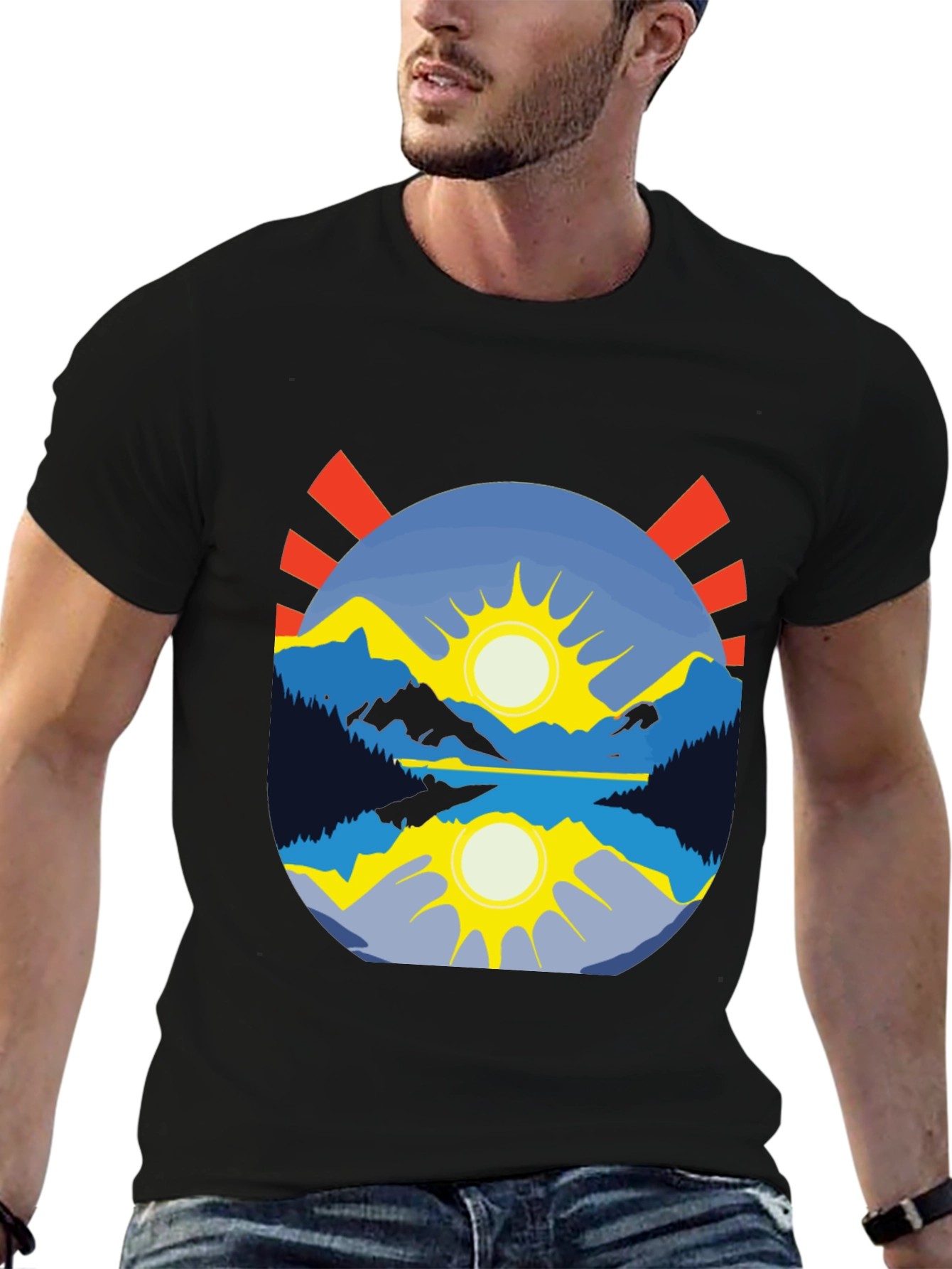 Mountain Lake Sunrise Graphic Tee - Black Cotton Blend