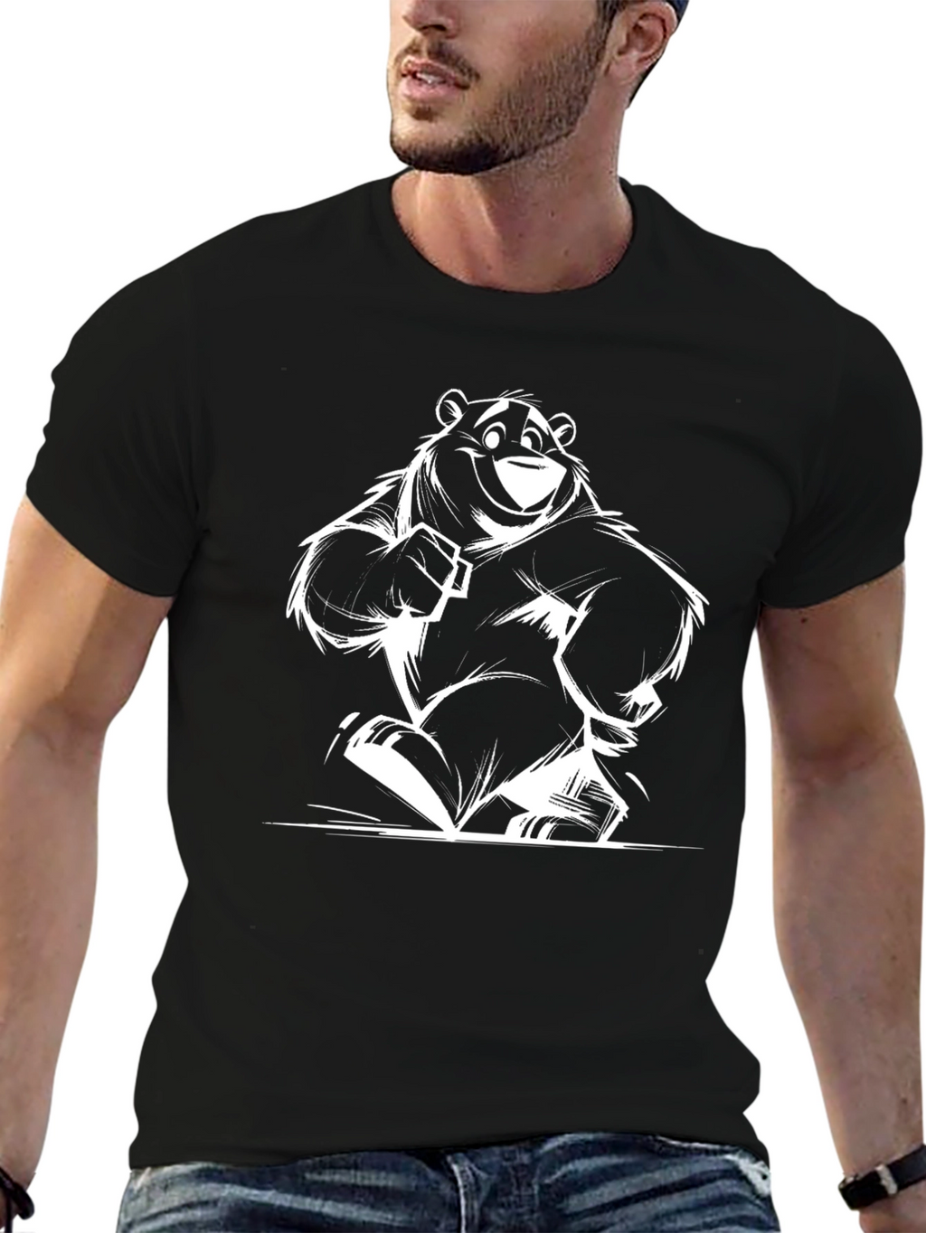 Bear Cartoon Graphic T-Shirt - Black
