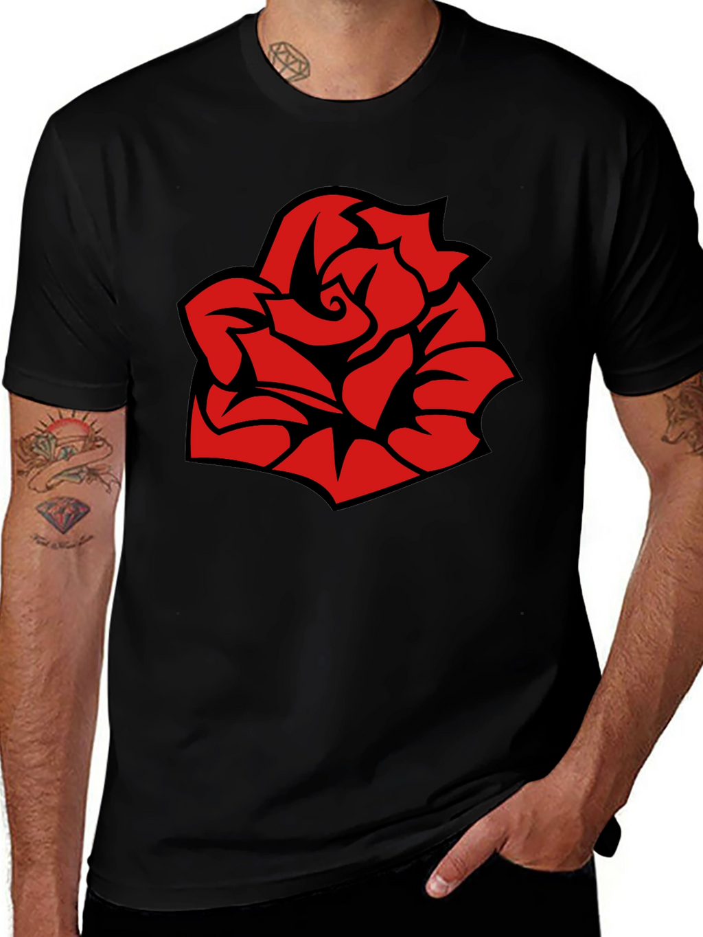 Bold Red Rose Graphic Black T-Shirt