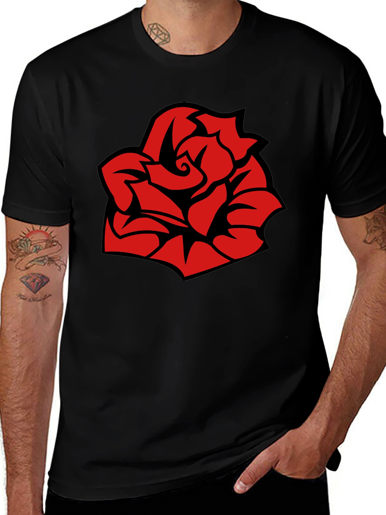 Bold Red Rose Graphic Black T-Shirt