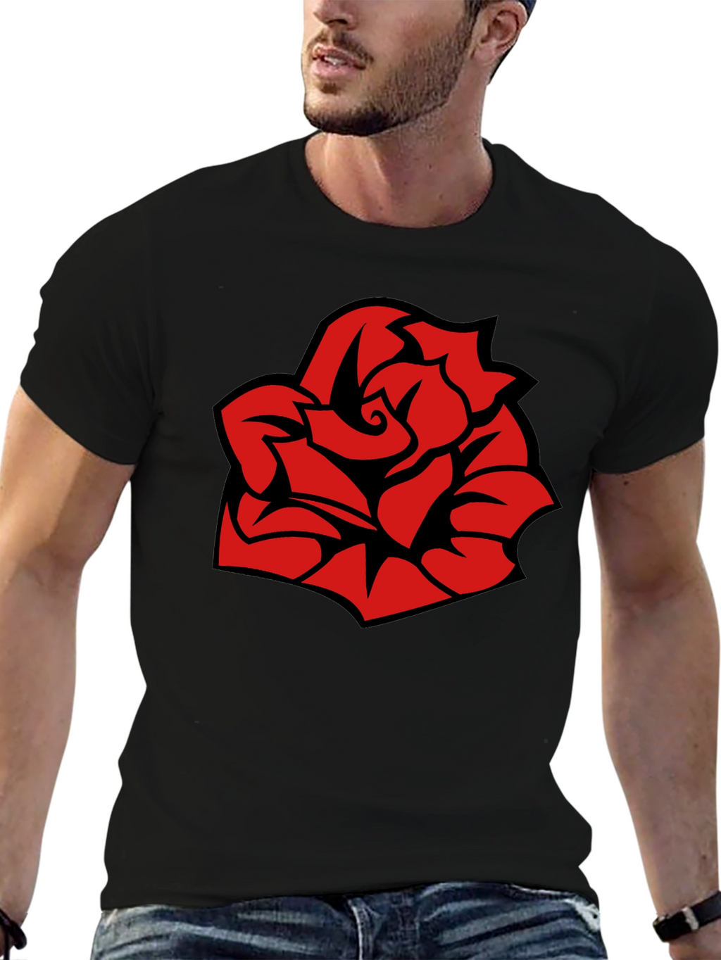 Bold Red Rose Graphic Black T-Shirt