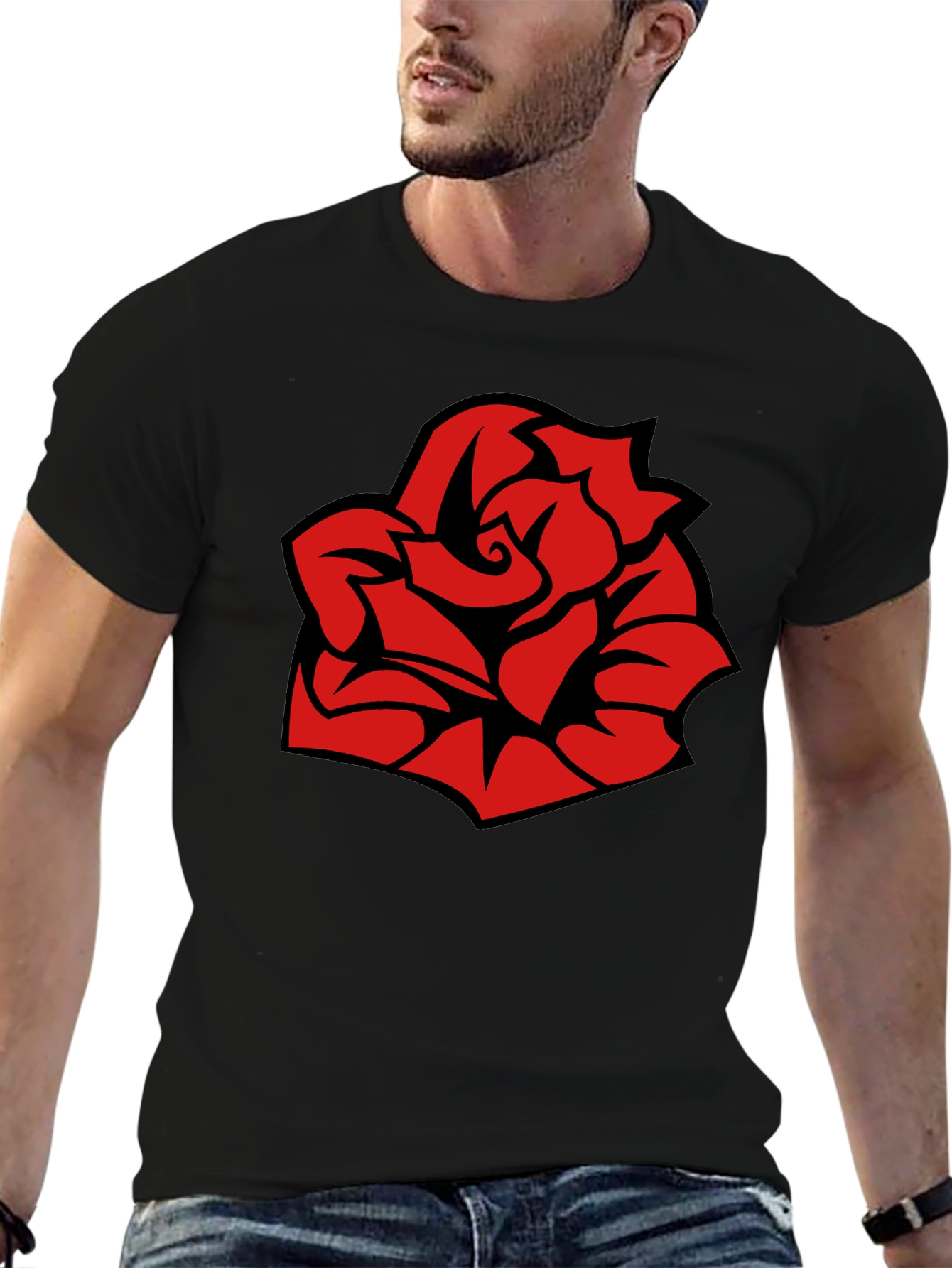 Bold Red Rose Graphic Black T-Shirt