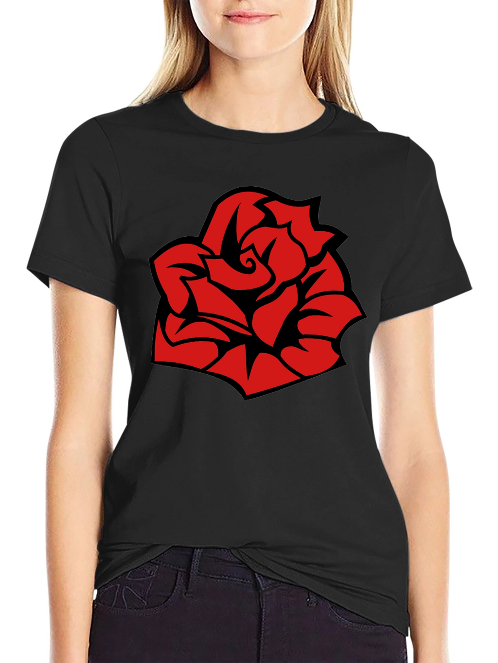 Bold Red Rose Graphic Black T-Shirt