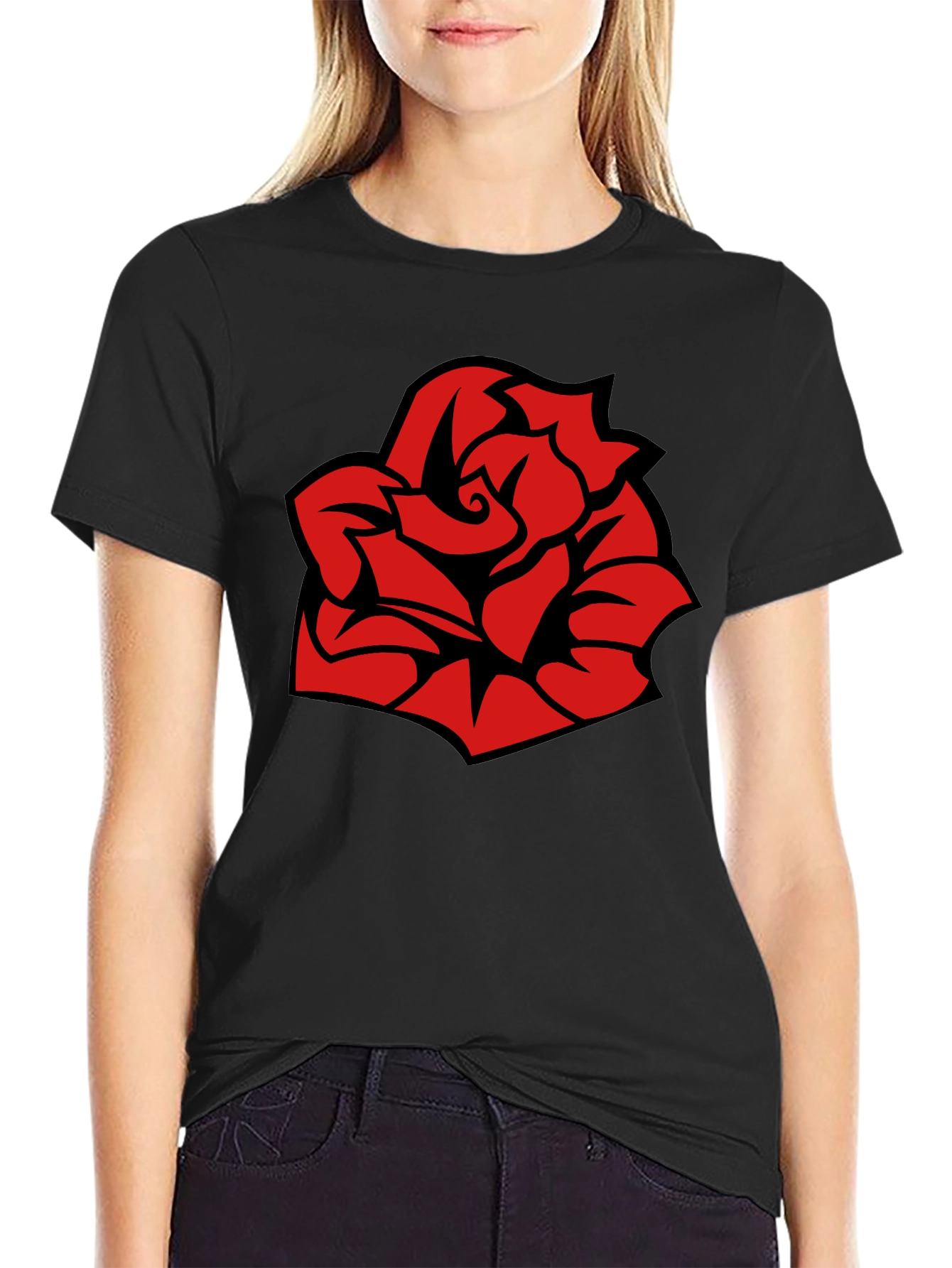 Bold Red Rose Graphic Black T-Shirt