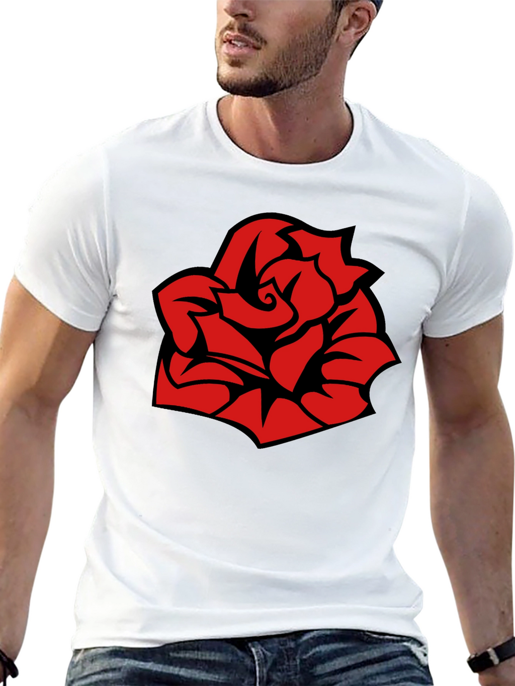 Bold Red Rose Graphic Black T-Shirt