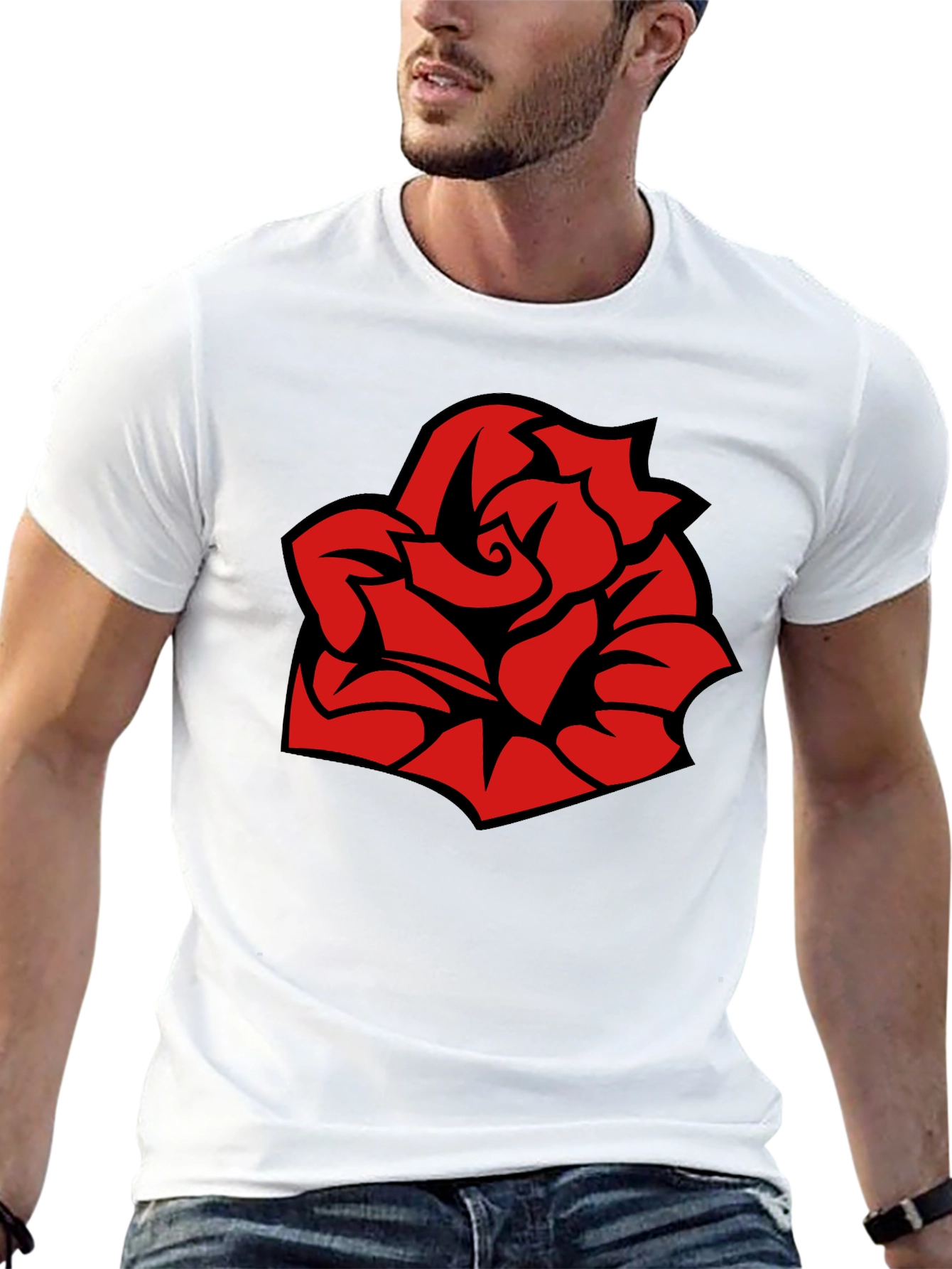 Bold Red Rose Graphic Black T-Shirt