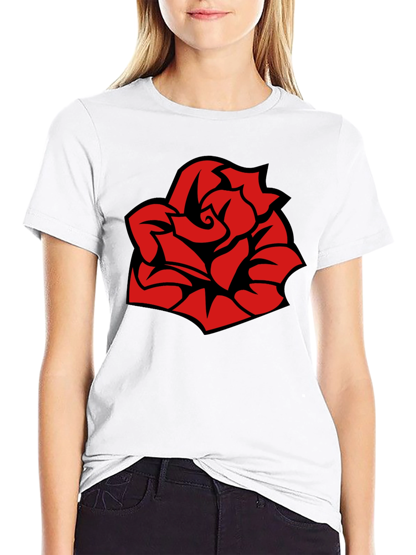 Bold Red Rose Graphic Black T-Shirt