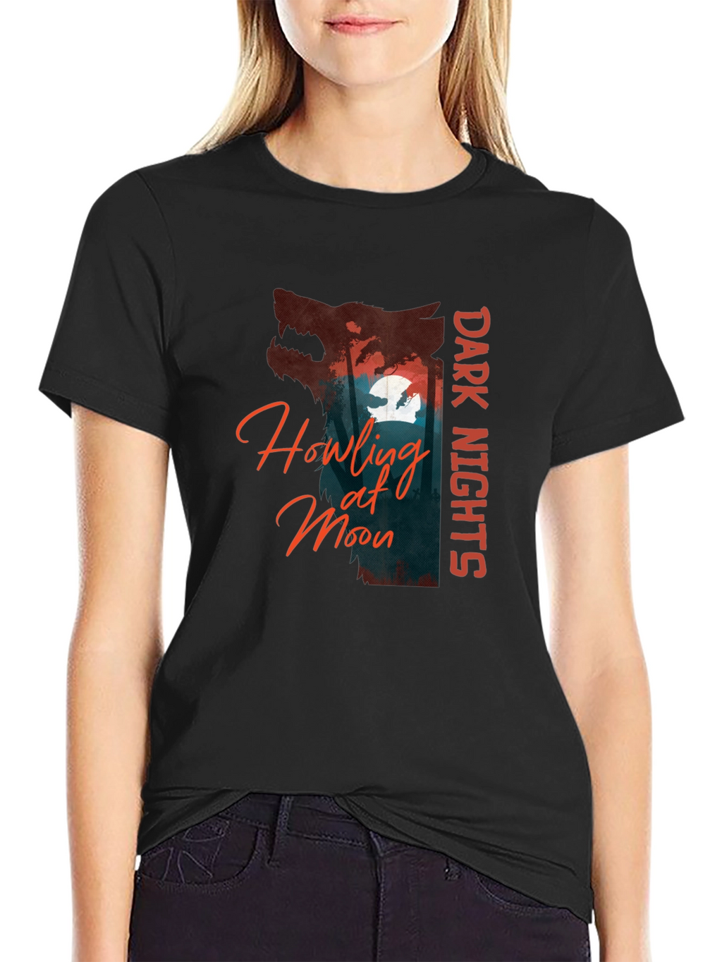 Dark Nights Howling at Moon Graphic T-Shirt