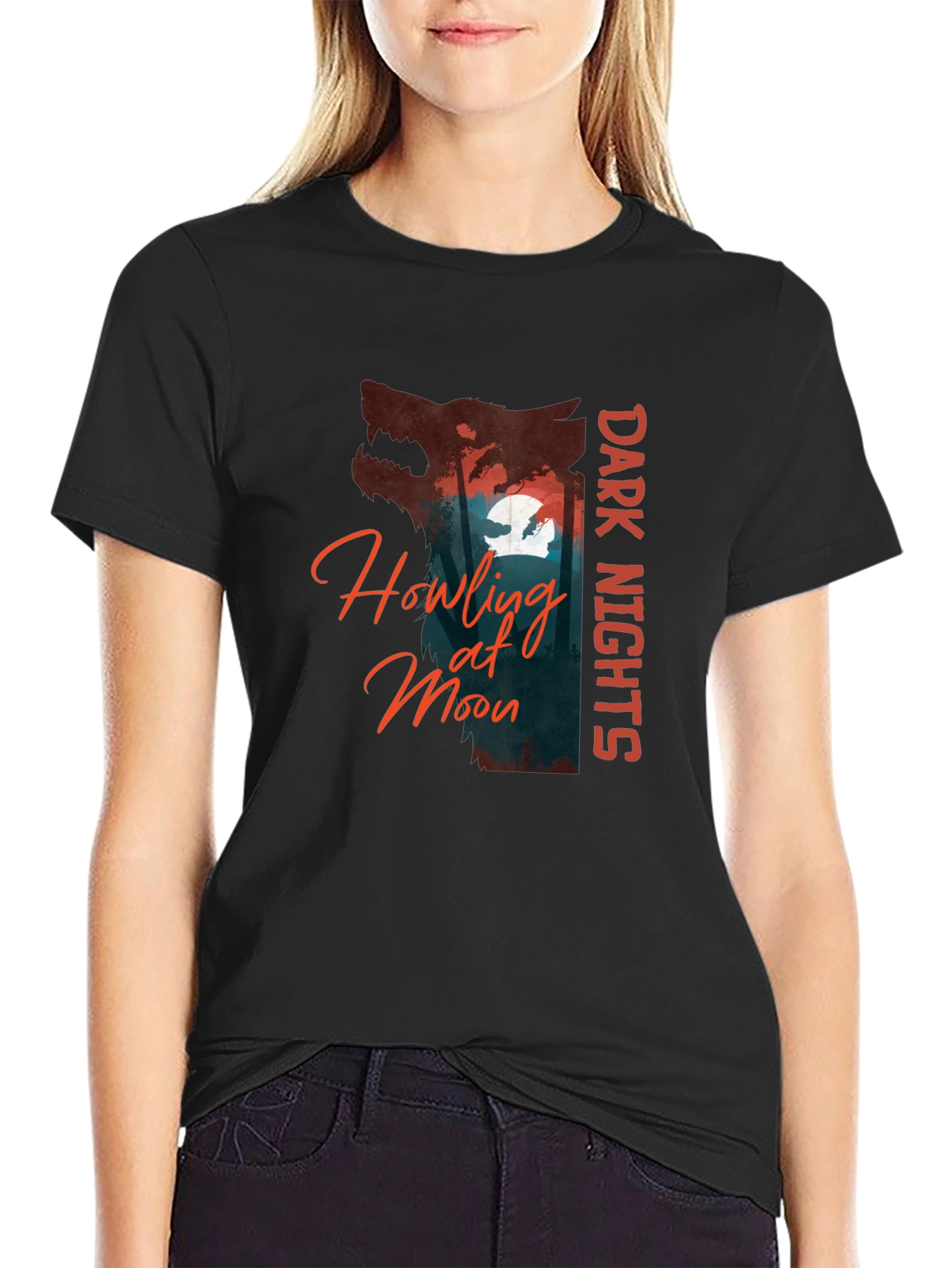 Dark Nights Howling at Moon Graphic T-Shirt