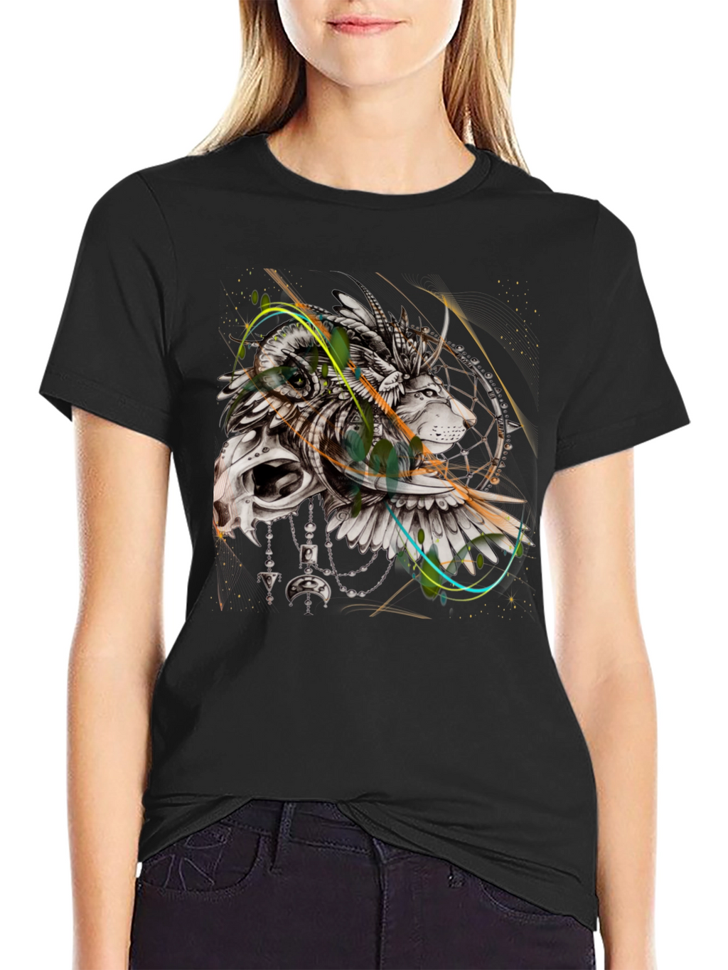 Lion Dreamcatcher Graphic Black T-Shirt