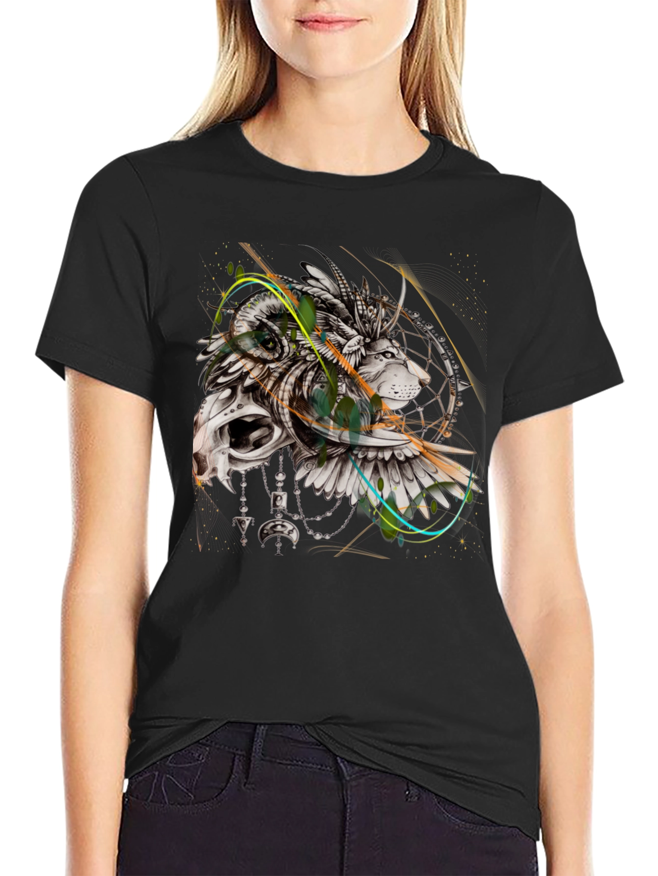 Lion Dreamcatcher Graphic Black T-Shirt