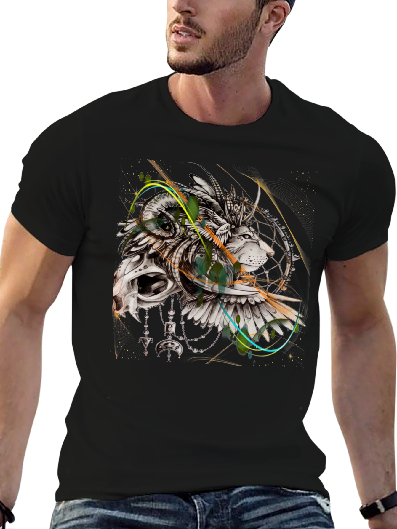 Lion Dreamcatcher Graphic Black T-Shirt