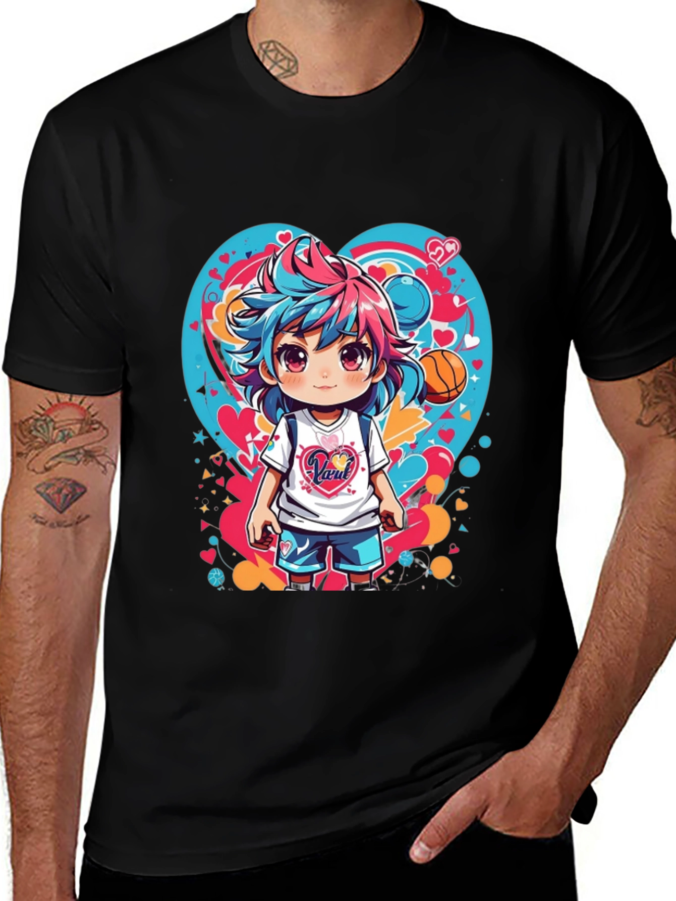 Anime Girl Basketball Heart Graphic T-Shirt