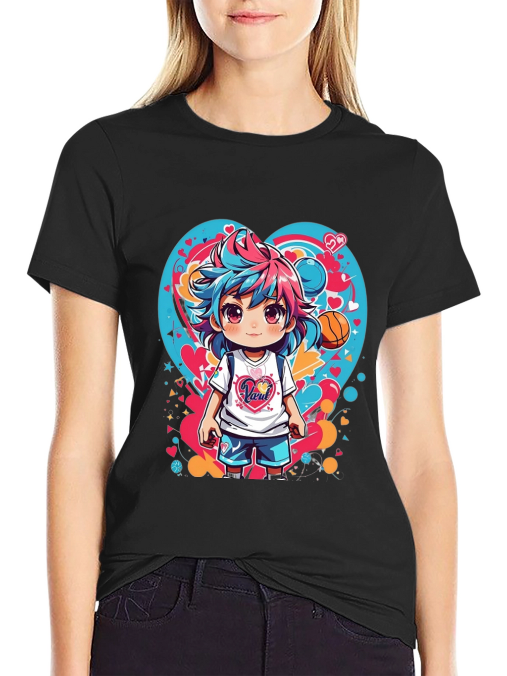 Anime Girl Basketball Heart Graphic T-Shirt