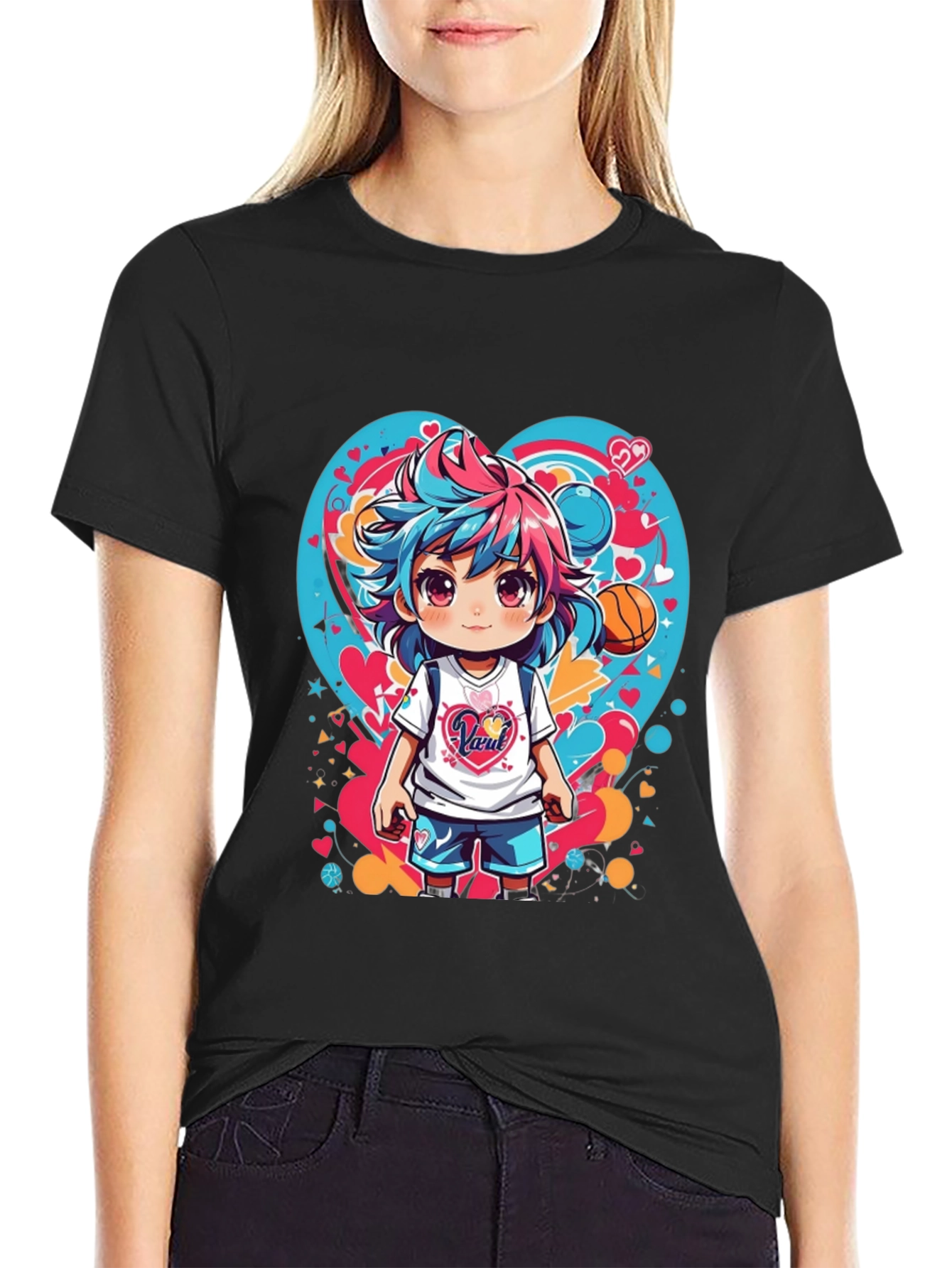 Anime Girl Basketball Heart Graphic T-Shirt