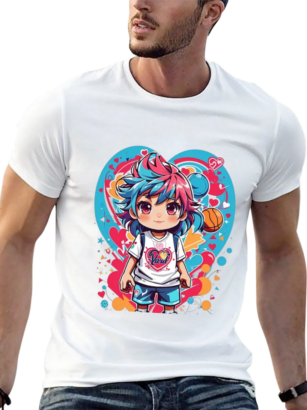 Anime Girl Basketball Heart Graphic T-Shirt