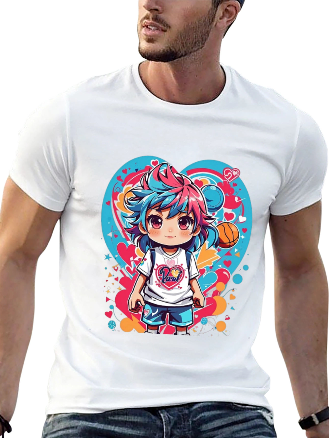 Anime Girl Basketball Heart Graphic T-Shirt