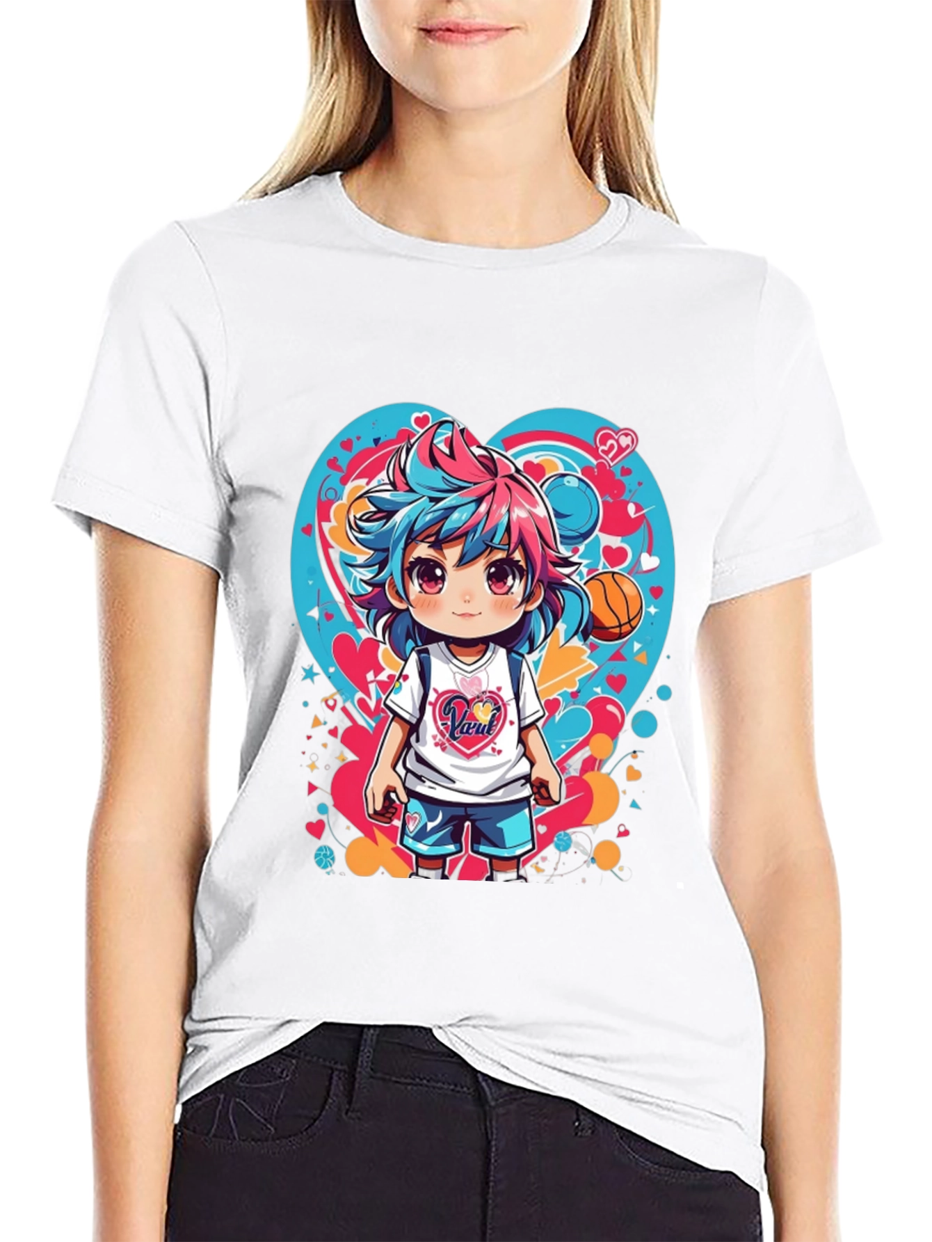 Anime Girl Basketball Heart Graphic T-Shirt