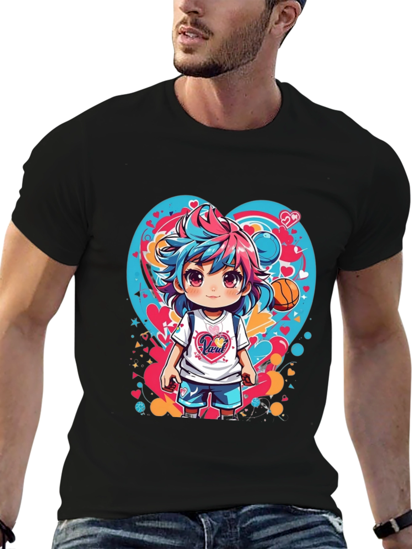 Anime Girl Basketball Heart Graphic T-Shirt
