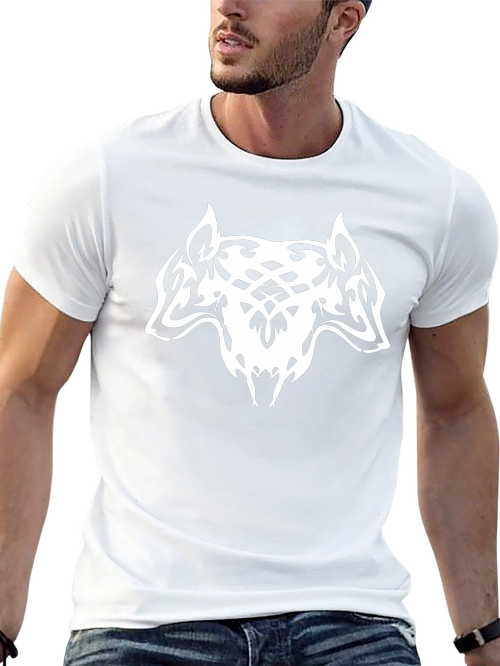 Black T-Shirt with Tribal Wolf Design