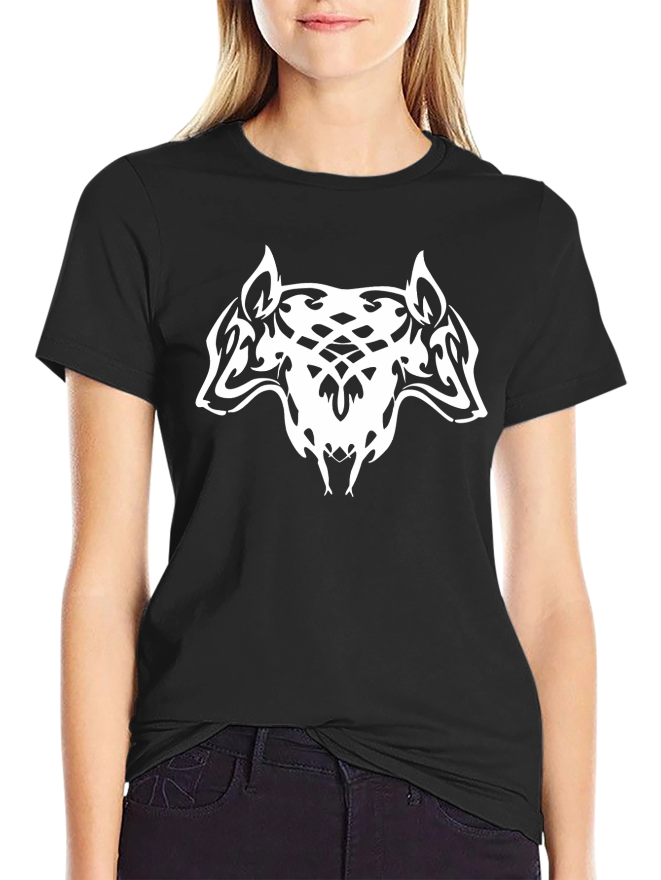Black T-Shirt with Tribal Wolf Design