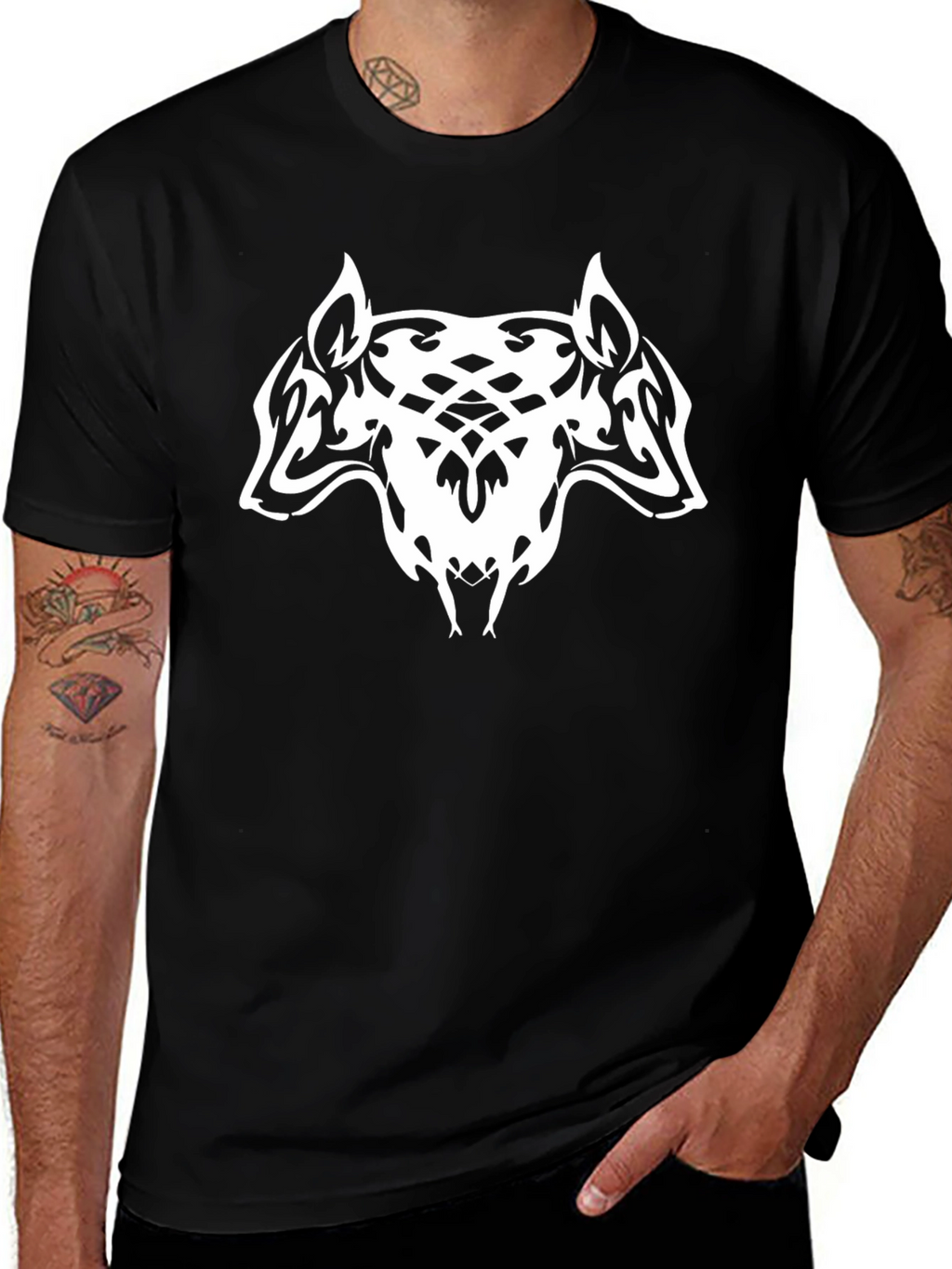 Black T-Shirt with Tribal Wolf Design