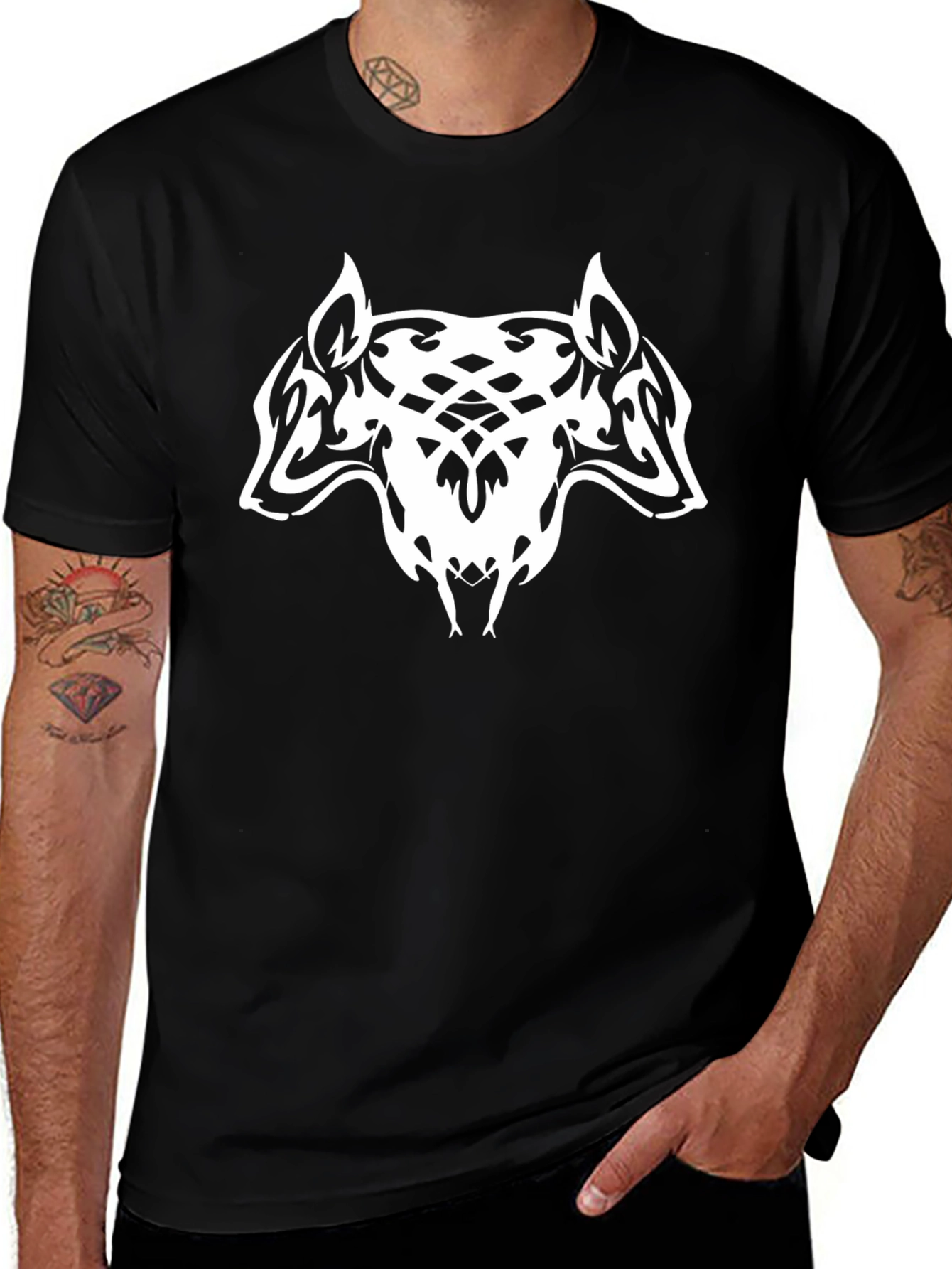 Black T-Shirt with Tribal Wolf Design