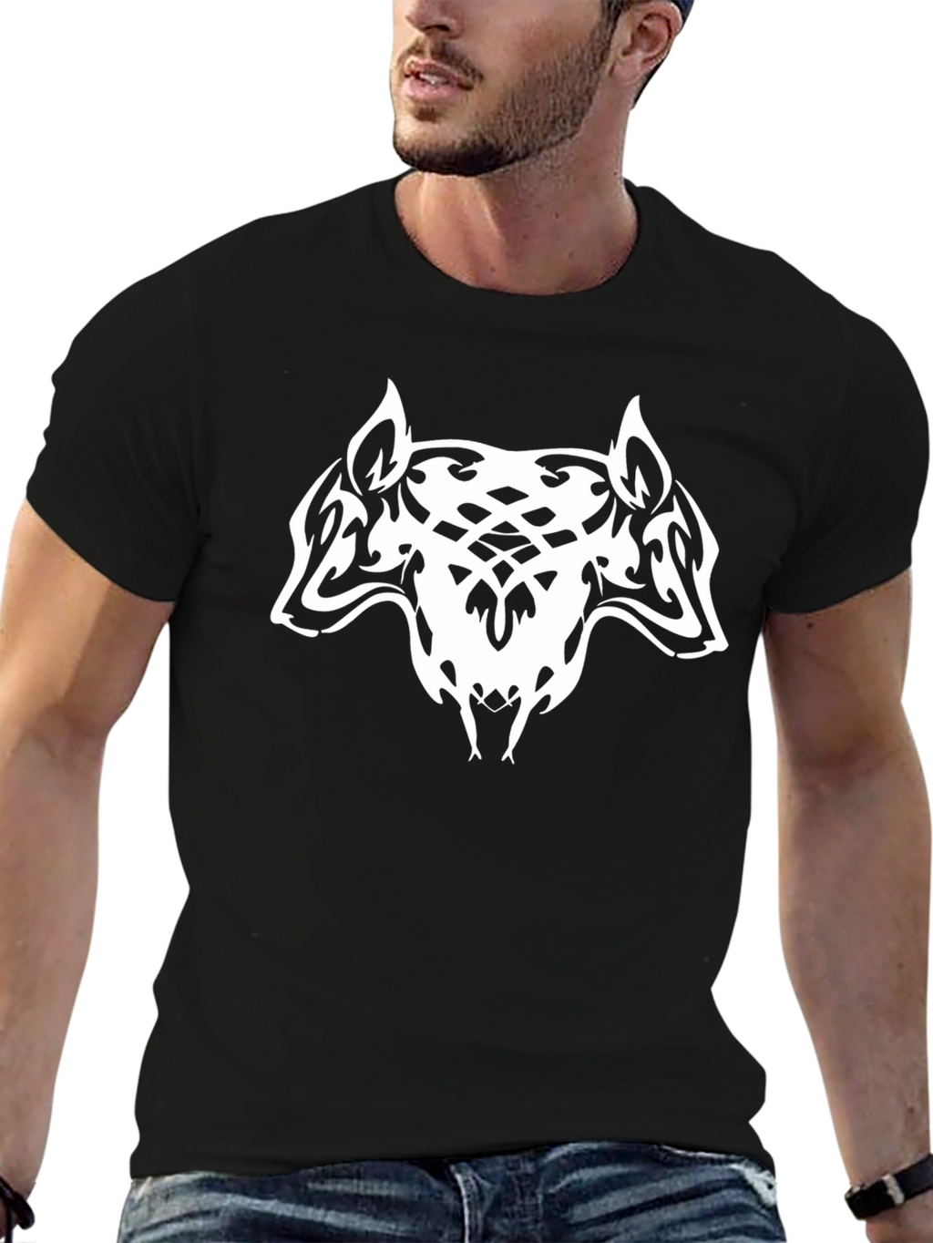 Black T-Shirt with Tribal Wolf Design