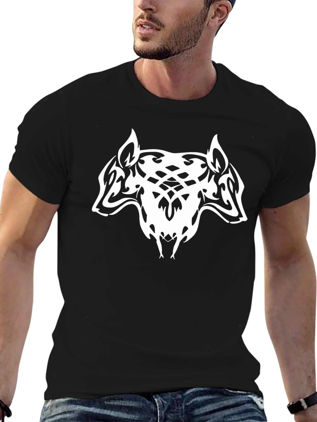 Black T-Shirt with Tribal Wolf Design