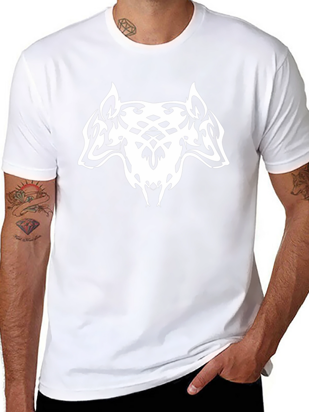 Black T-Shirt with Tribal Wolf Design