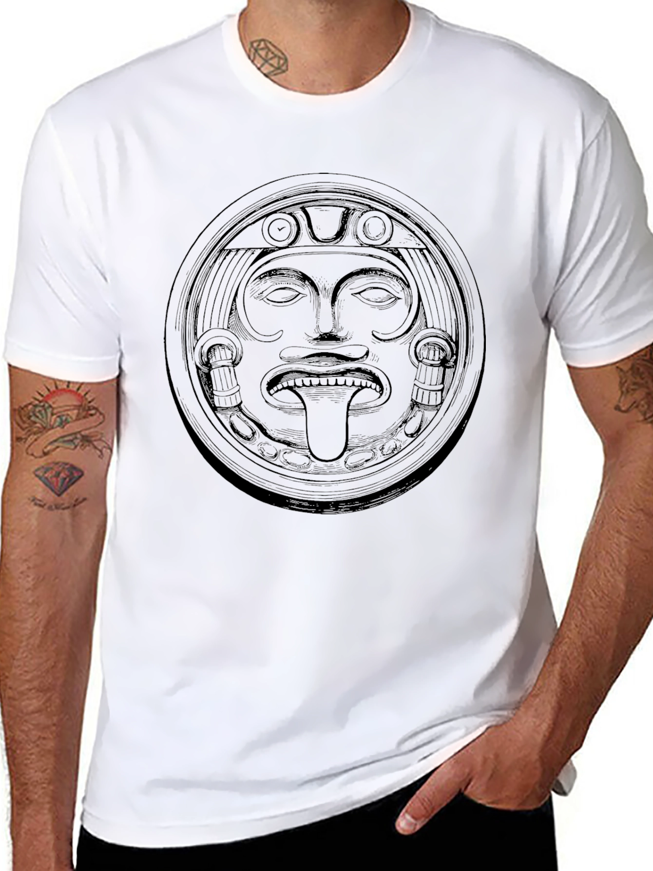 Aztec Sun God Graphic Tee - Black Cotton T-Shirt