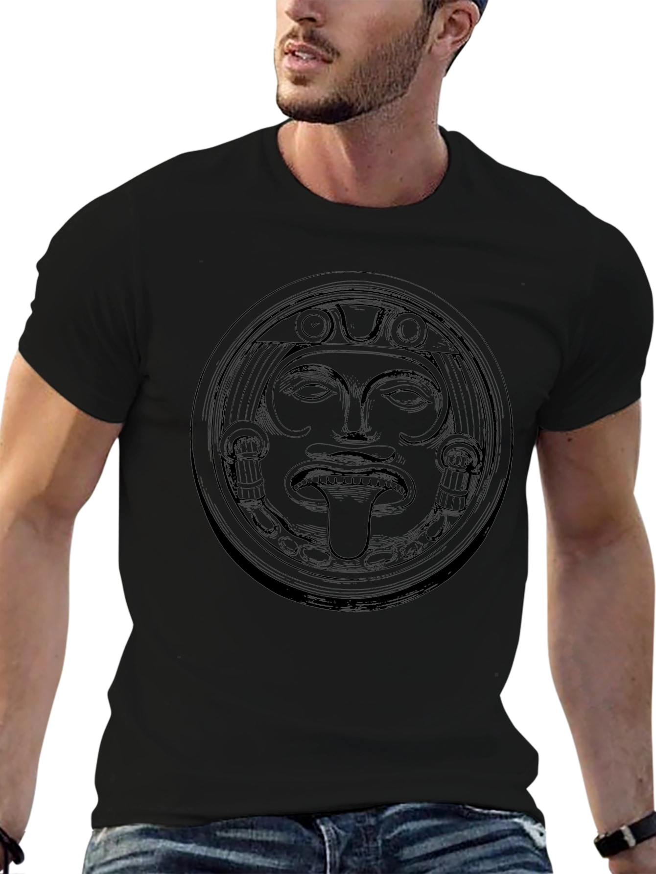 Aztec Sun God Graphic Tee - Black Cotton T-Shirt