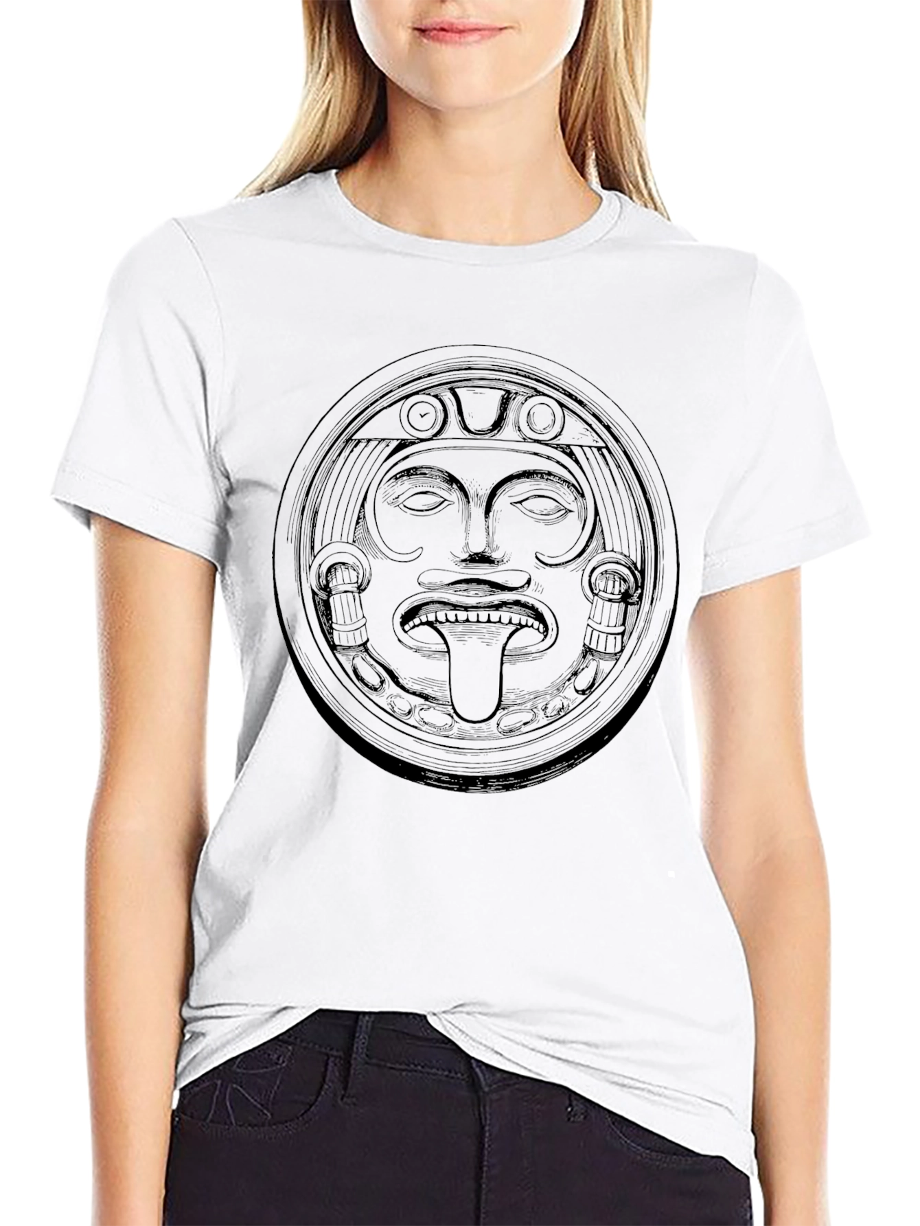 Aztec Sun God Graphic Tee - Black Cotton T-Shirt