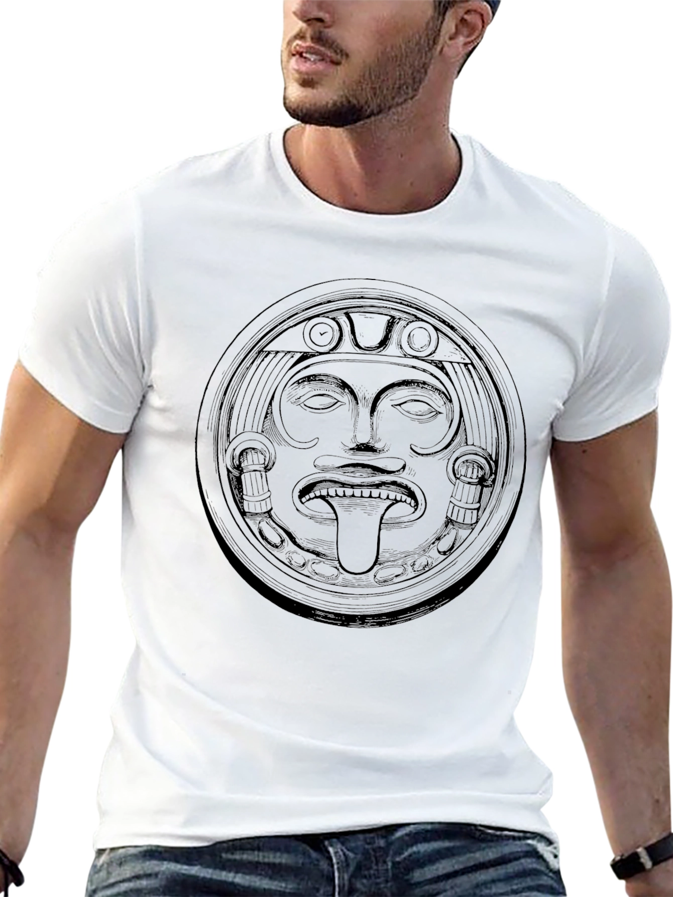 Aztec Sun God Graphic Tee - Black Cotton T-Shirt