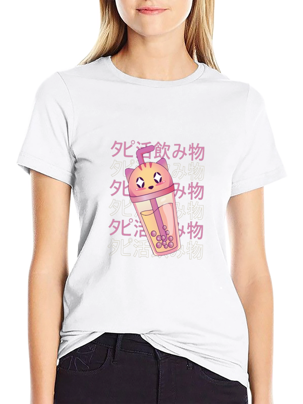 Anime Kawaii Boba Tea Cat Black T-Shirt