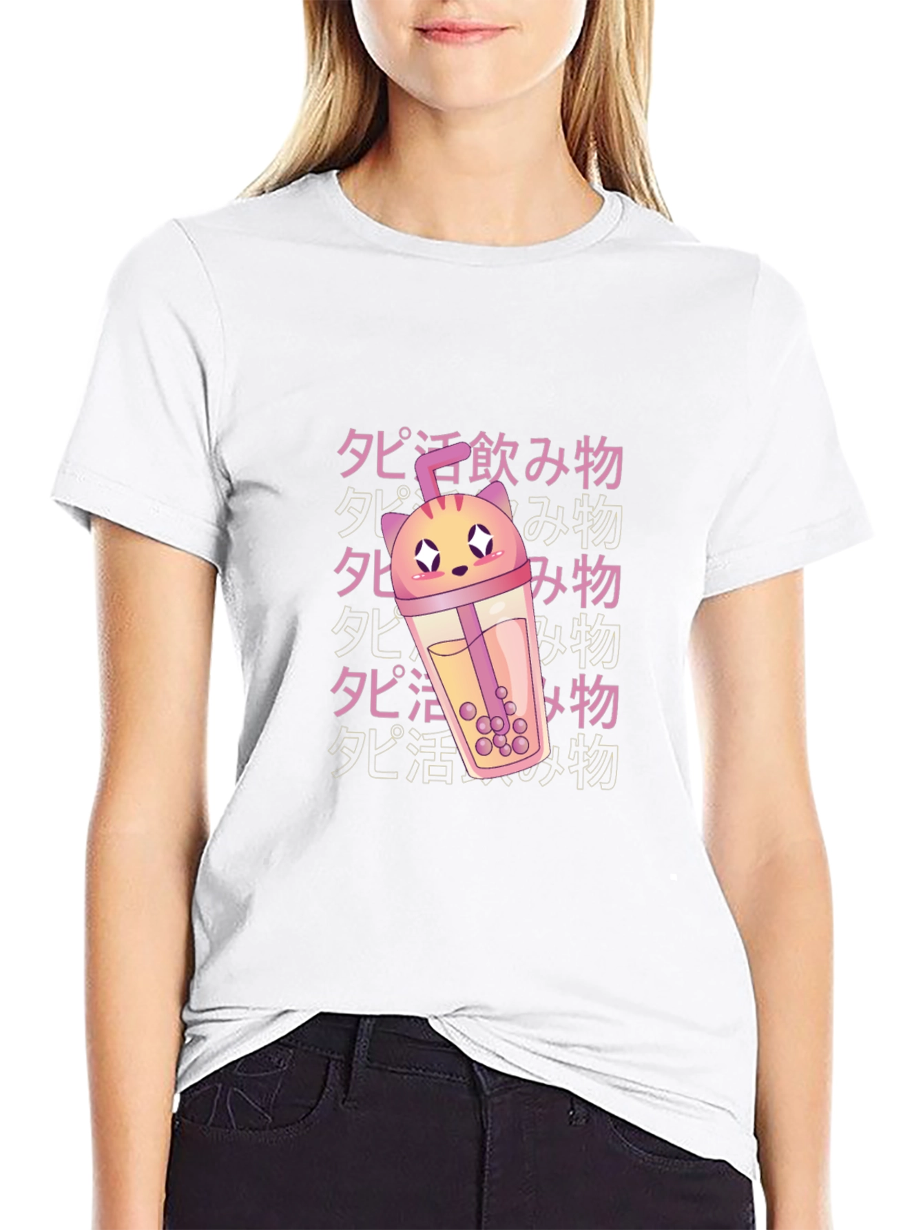 Anime Kawaii Boba Tea Cat Black T-Shirt