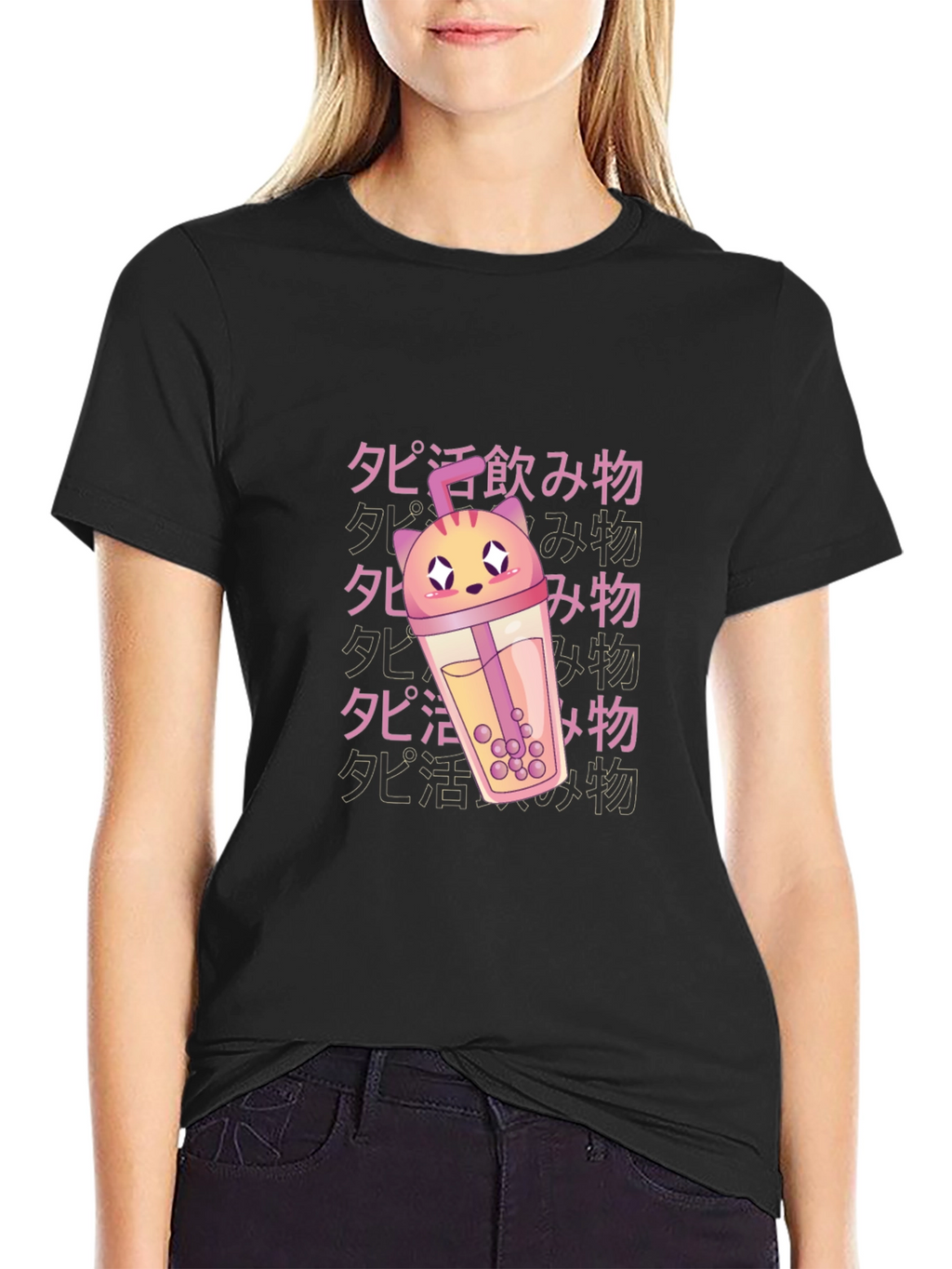 Anime Kawaii Boba Tea Cat Black T-Shirt