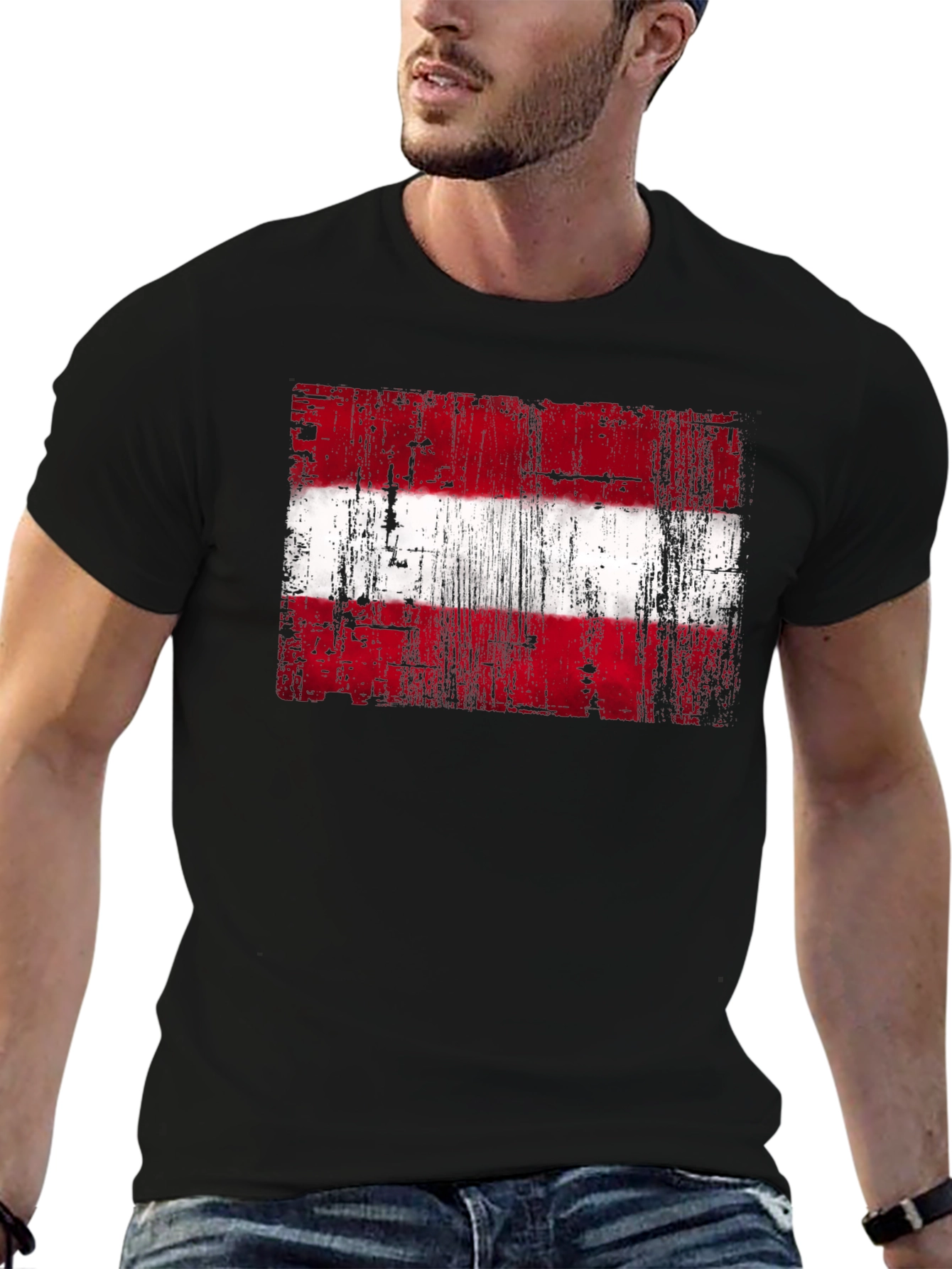Distressed Austria Flag Graphic Tee - Black Cotton T-Shirt