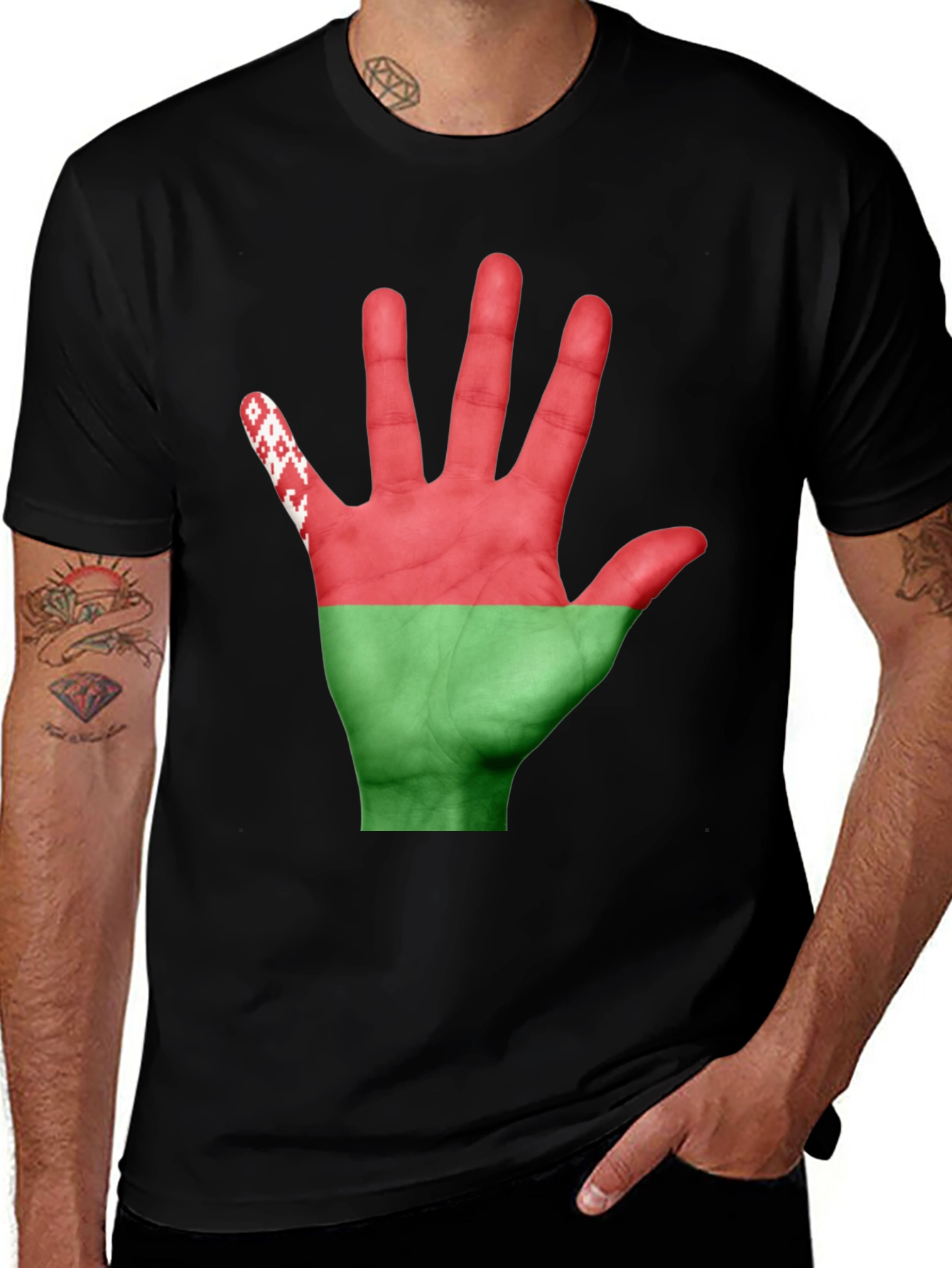 Belarus Flag Hand Print Black T-Shirt