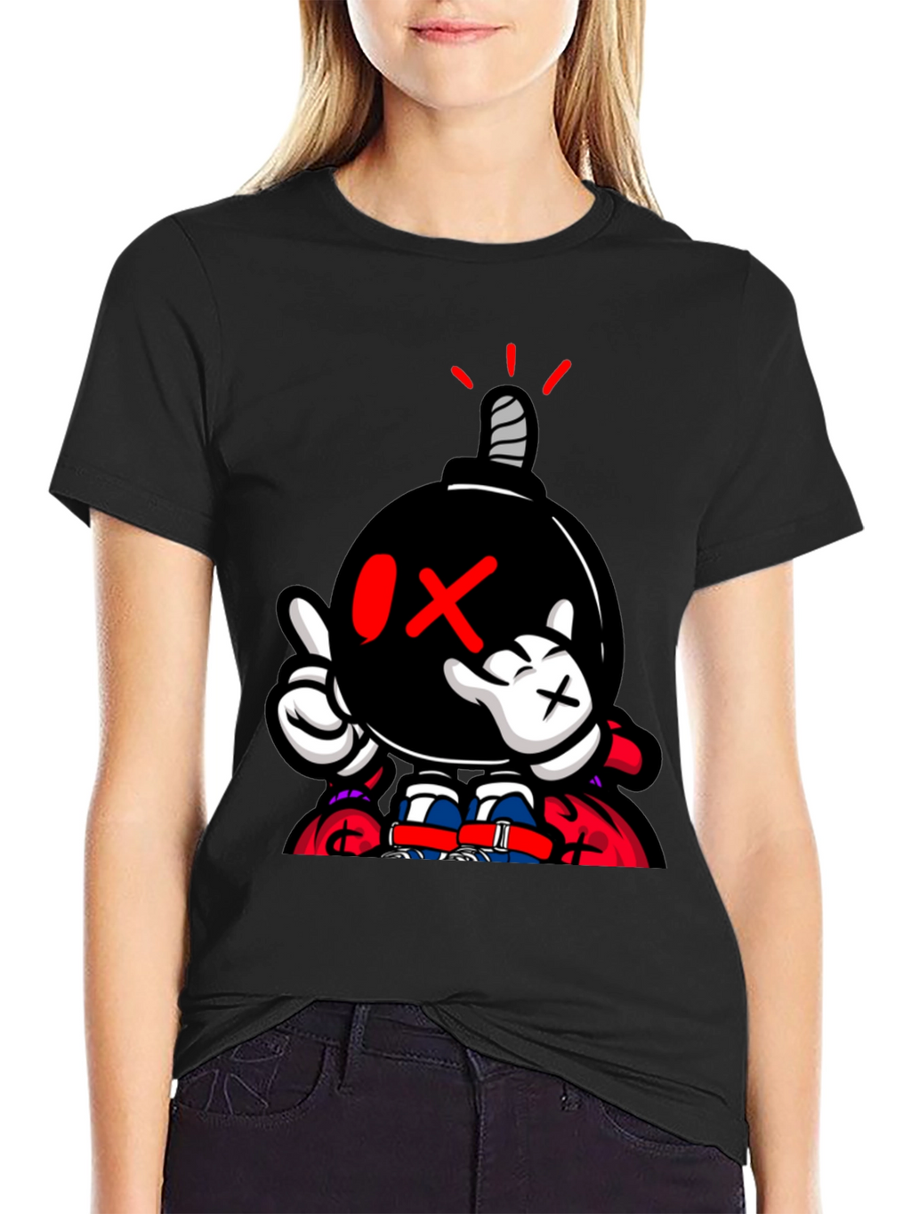Cartoon Bomb Graphic Print Black T-Shirt