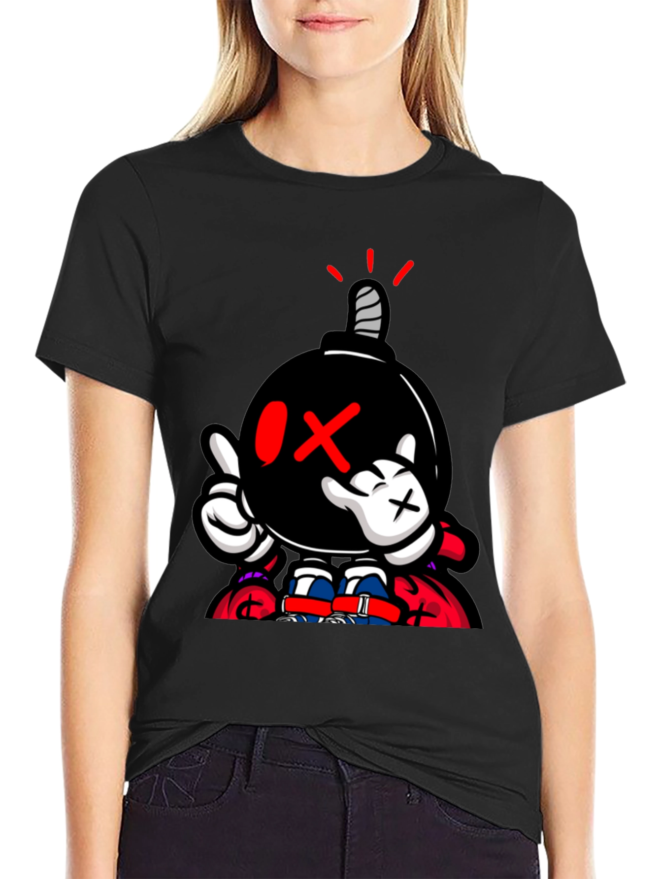Cartoon Bomb Graphic Print Black T-Shirt