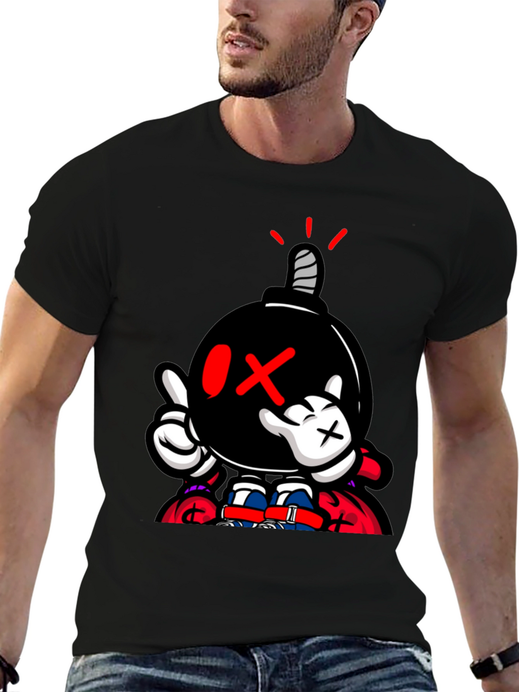 Cartoon Bomb Graphic Print Black T-Shirt