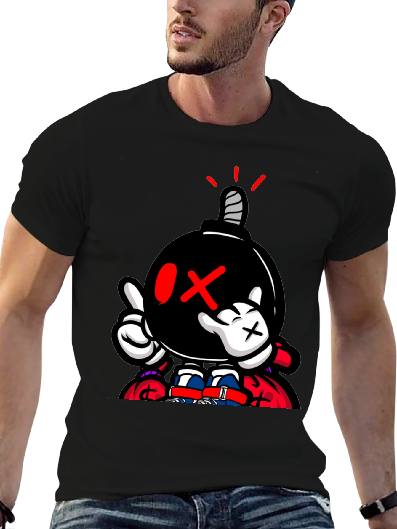 Cartoon Bomb Graphic Print Black T-Shirt